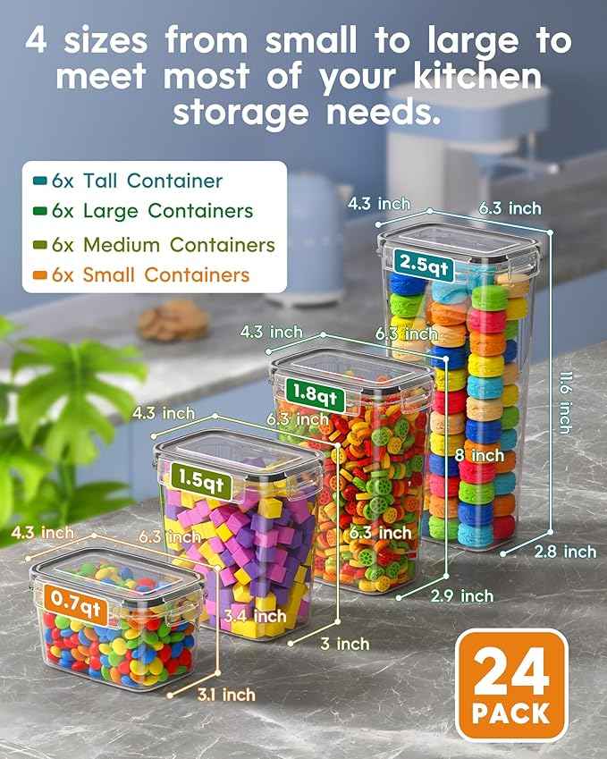 Airtight Food Storage Containers with Lids, 24 PCS Kitchen and Pantry Organization Canisters, BPA-Free, PVC-Free, Food-grade Plastic Leak-proof Jars for Cereal, Flour, Sugar, Extra 24 Labels & Marker