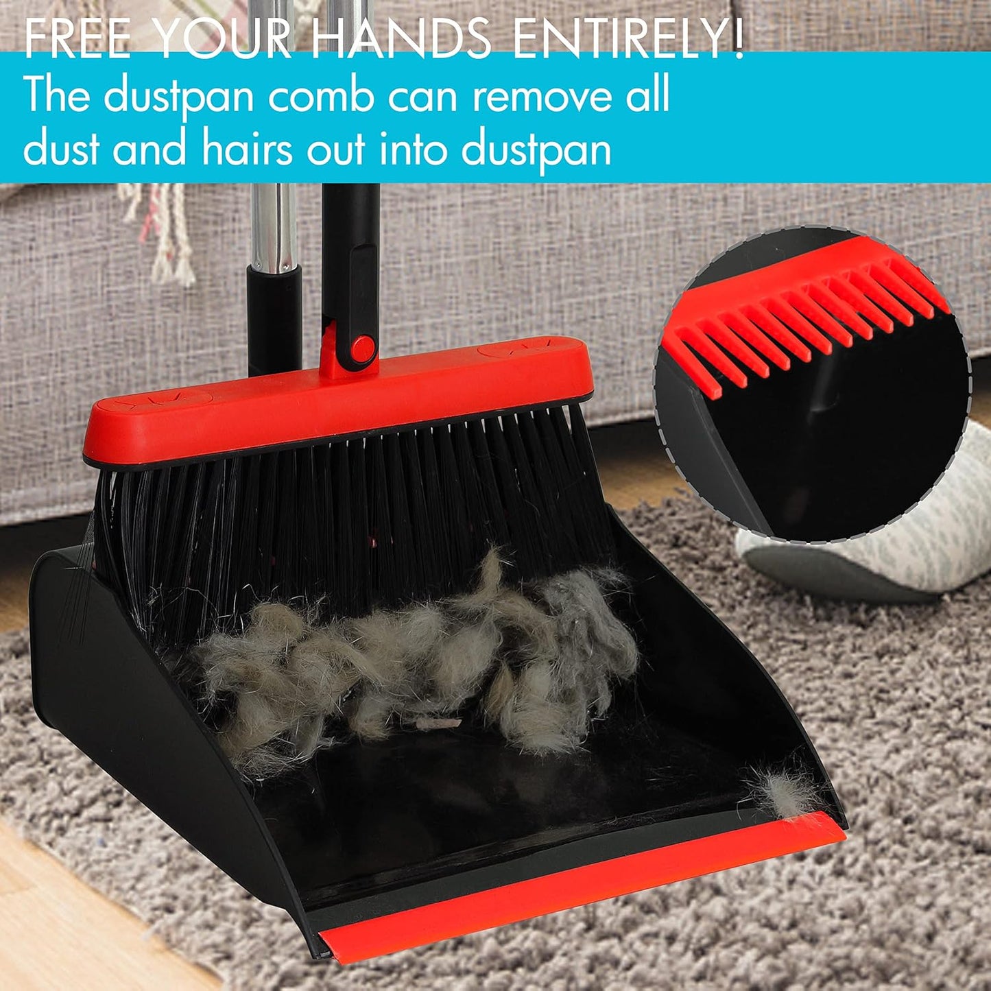 2-Pack Broom and Dustpan Combo Set, with 48" Adjustable Long Stainless Handles, Stand Up Dustpan with Self-Cleaning Teeth, Ideal for Home, Office, Kitchen, Indoor & Outdoor Use, Black
