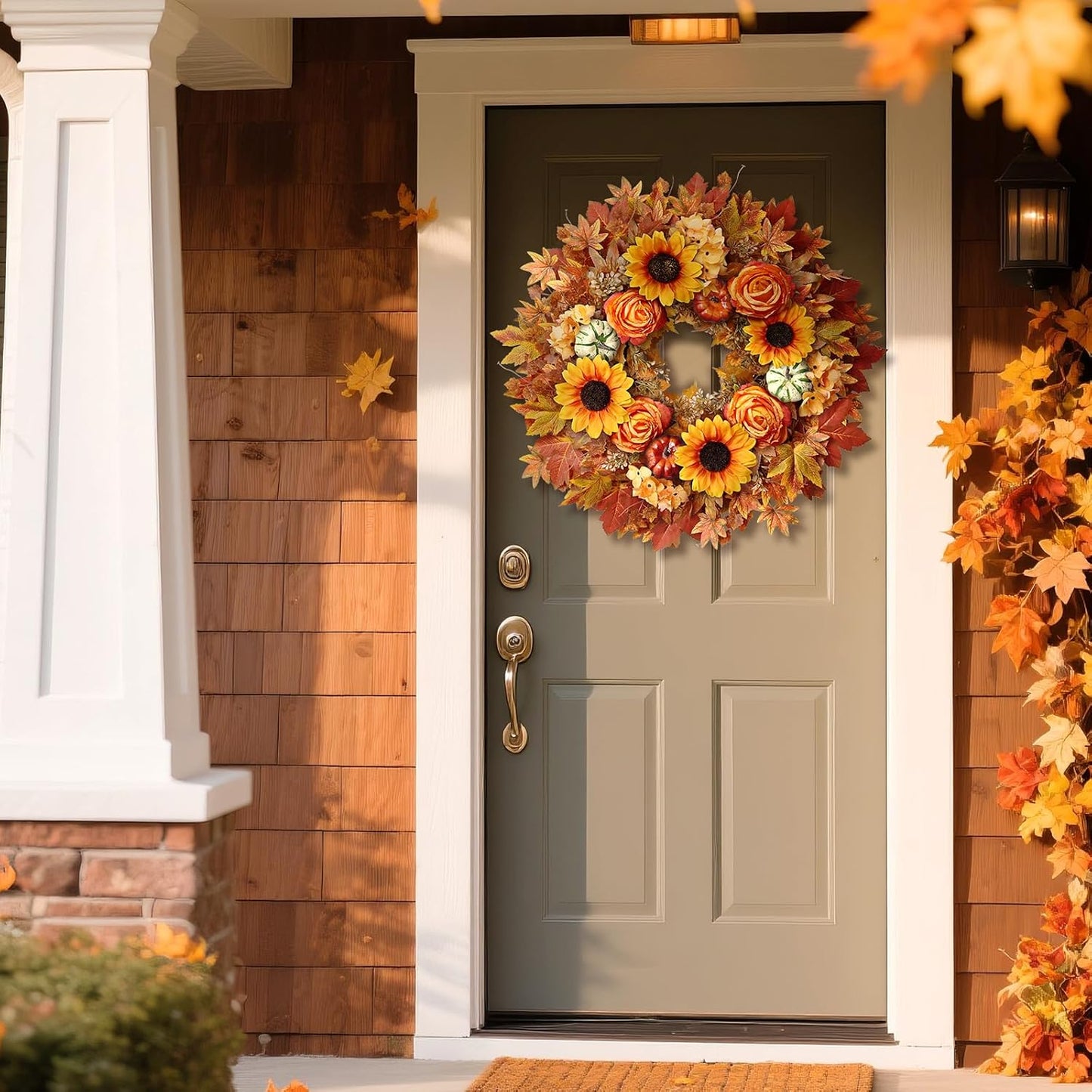 28'' Large Fall Wreath for Front Door, Porch, Window- Artificial Maple Leaves Fake Pumpkins Faux Rose Sunflower Outdoor Autumn Wreath for Home, Farmhouse Wall Thanksgiving Day Harvest Festival Decor