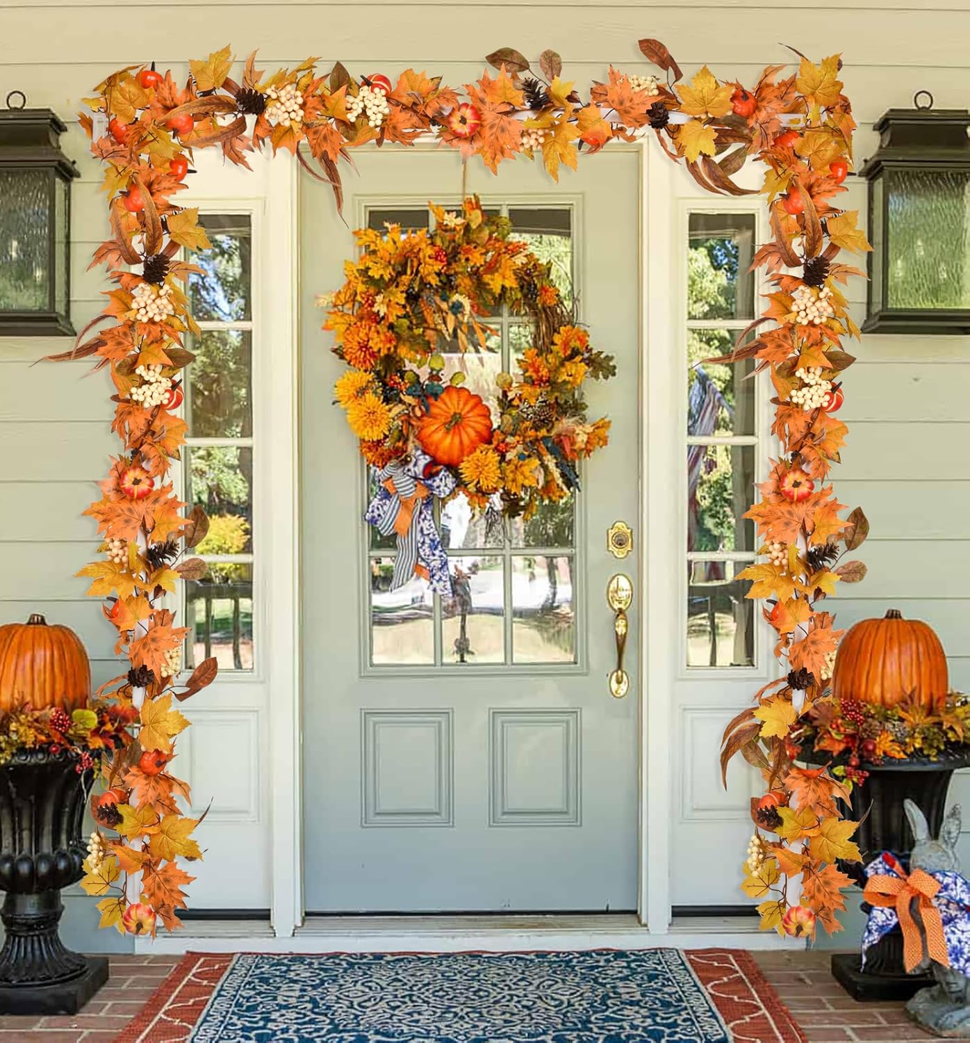 Lvydec Fall Maple Leaves Garland Decoration -6ft Artificial Fall Foliage Garland with White Pumpkins Pine Cone Autumn Decor for Halloween Thanksgiving Home Table Decor