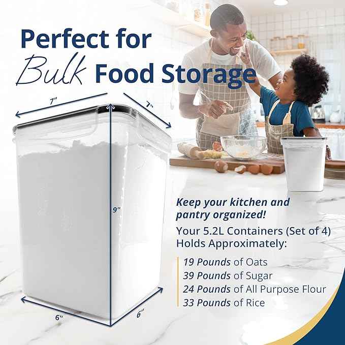 Reli. 5.2L Airtight Food Storage Containers with Lids (4 Sets) | Kitchen Organizers and Storage Pantry Organizers | BPA Free Plastic Container Set w/ 4 Measuring Cups, Dough Scraper, 6 Labels, Pen