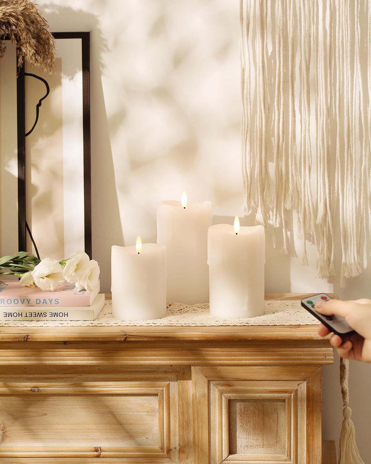 White Flameless Candles with Remote and Timer, Real Wax Made Wax Drip LED Pillar Candles Battery Operated with 3D Flickering Flame Melted Top - 3" x 4", 3" x 5", 3" x 6" - Set of 3