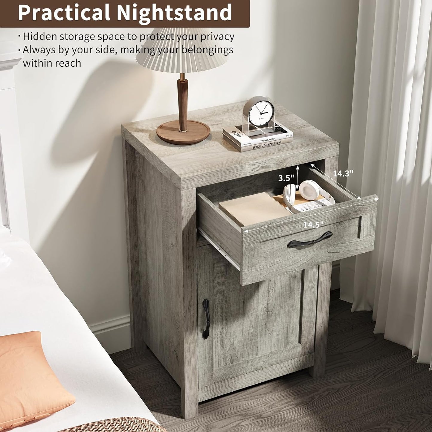 Farmhouse Nightstand Set of 2 with Drawer, 30" End Table with Storage Cabinet and Adjustable Shelf, Tall Bedside Table Rustic Wood Sofa Side Table for Living Room, Bedroom, Grey