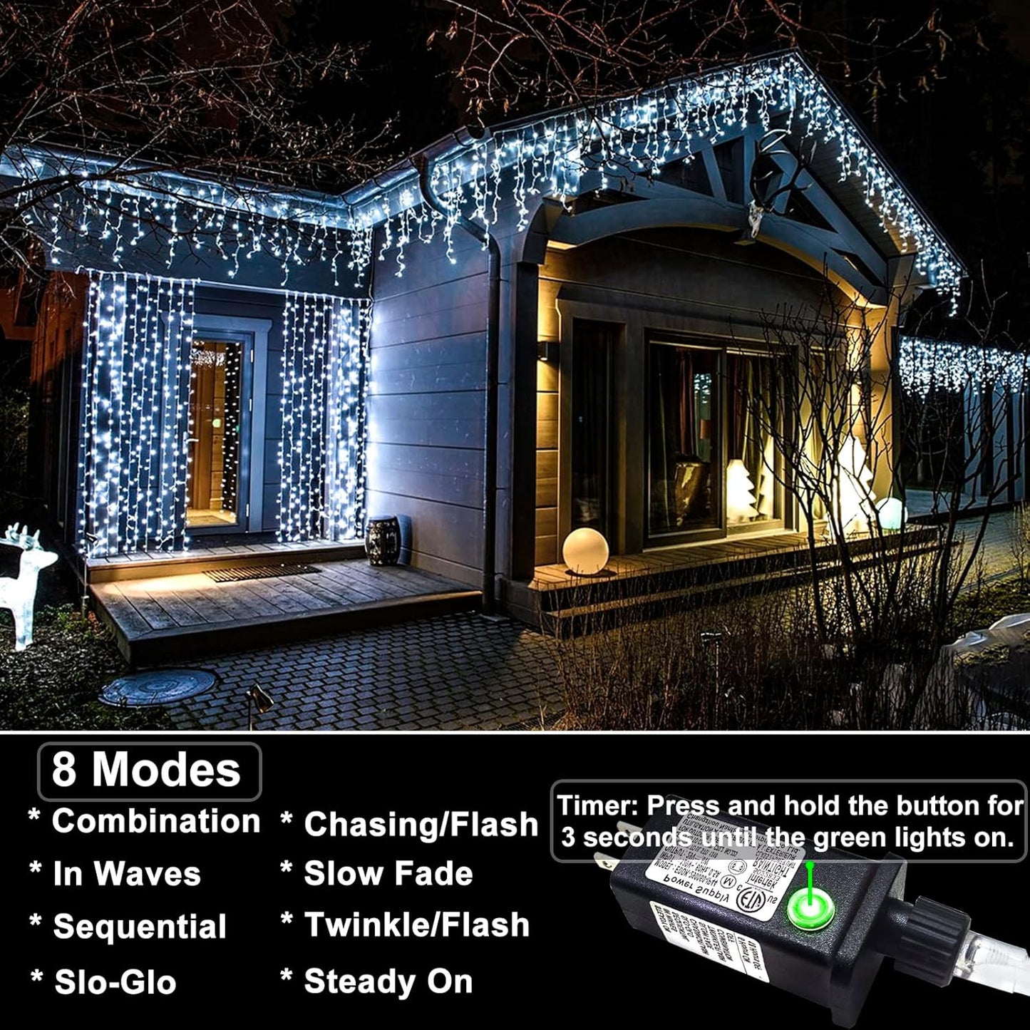 132ft Icicle Lights for Outside, 1280 LED White Christmas Lights Outdoor with 240 Twinkle Drops, 8 Modes Plug in Waterproof Timer Memory for Tree Wedding Party House Patio Eave Yard Holiday Decoration
