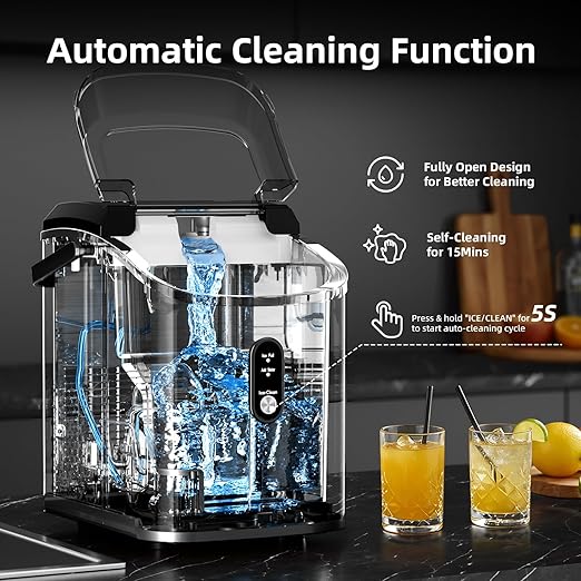 Antarctic Star Nugget Ice Maker Countertop with Soft Chewable Ice, Portable Sonic Ice Maker with Basket and Scoop, Removable Top Cover, Auto-Cleaning for Home/Party/RV/Camping (Stainless Steel Black)
