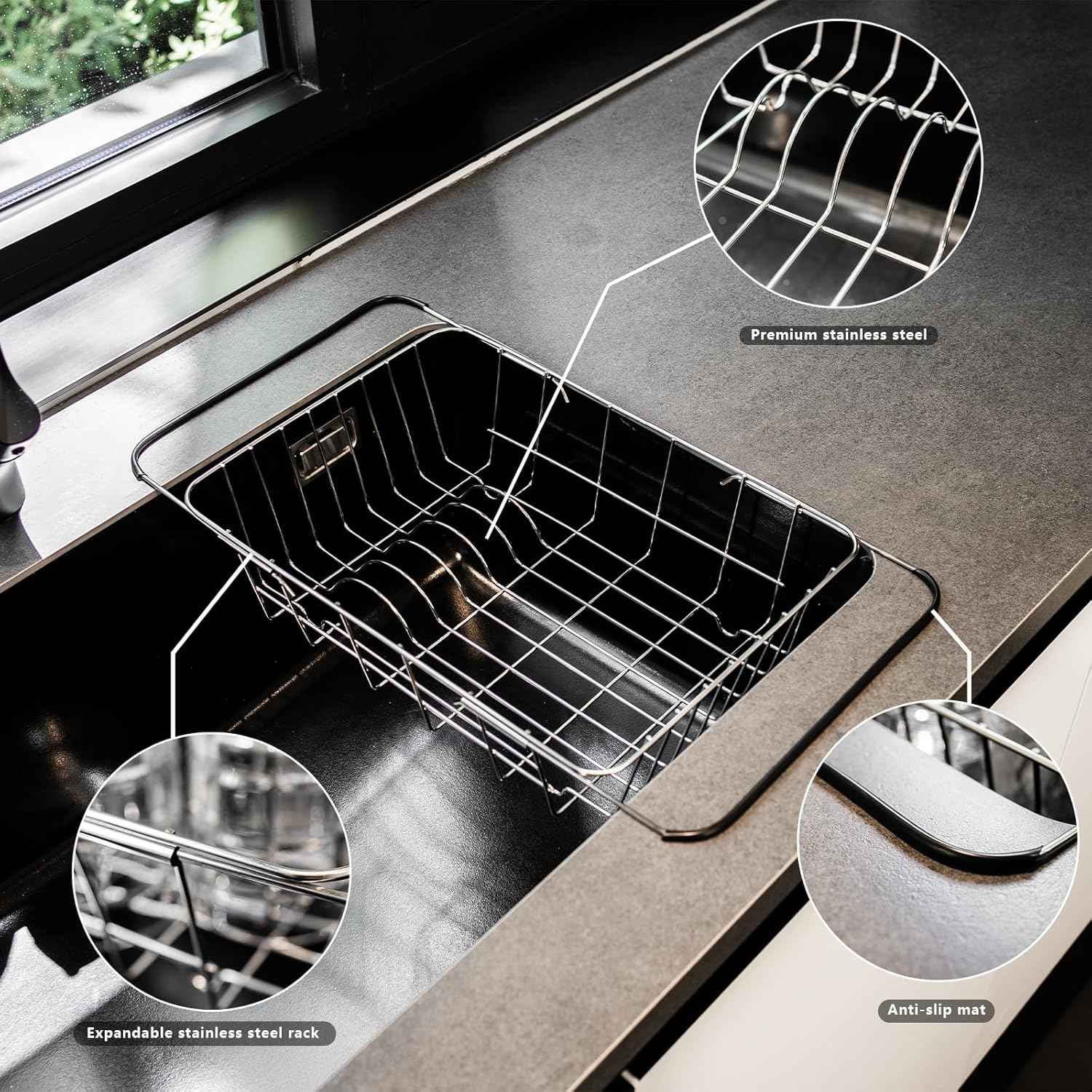 Over The Sink Dish Drainer Drying Rack - Expandable Stainless Steel in Sink Dish Drying Rack, High-Capacity, Rustproof, Easy Install, with Utensil Holder - Dish Racks for Kitchen Counter
