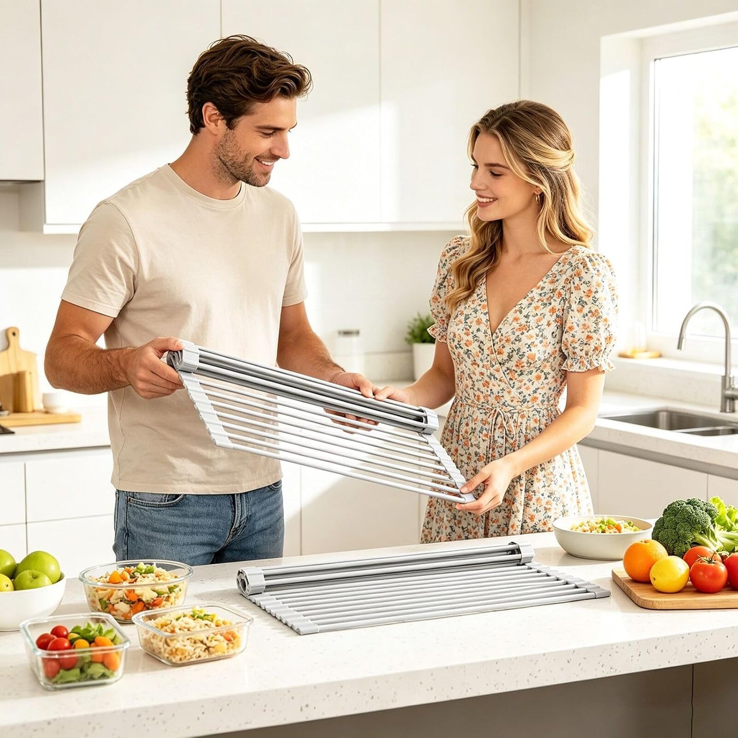 Ahyuan Large Roll up Dish Drying Rack Silicone Foldable Rack Over Sink Dishes Drainer Roll-up Sink Drying Racks Full Silicone Coated Stainless Still Dish Drying Rack (Warm Grey, 17.7''X13.13'')