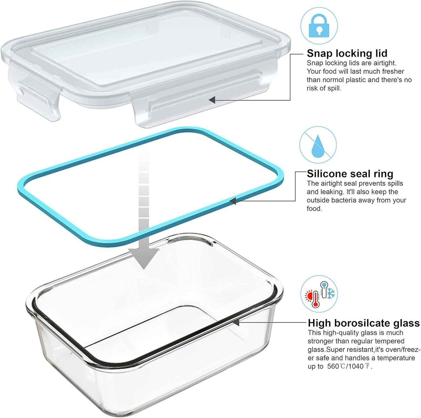 AILTEC Glass Food Storage Containers with Lids, [18 Piece] Glass Meal Prep Containers Set, Airtight Leak Proof, Oven Freezer Dishwasher Safe, BPA Free (9 Lid & 9 Container)