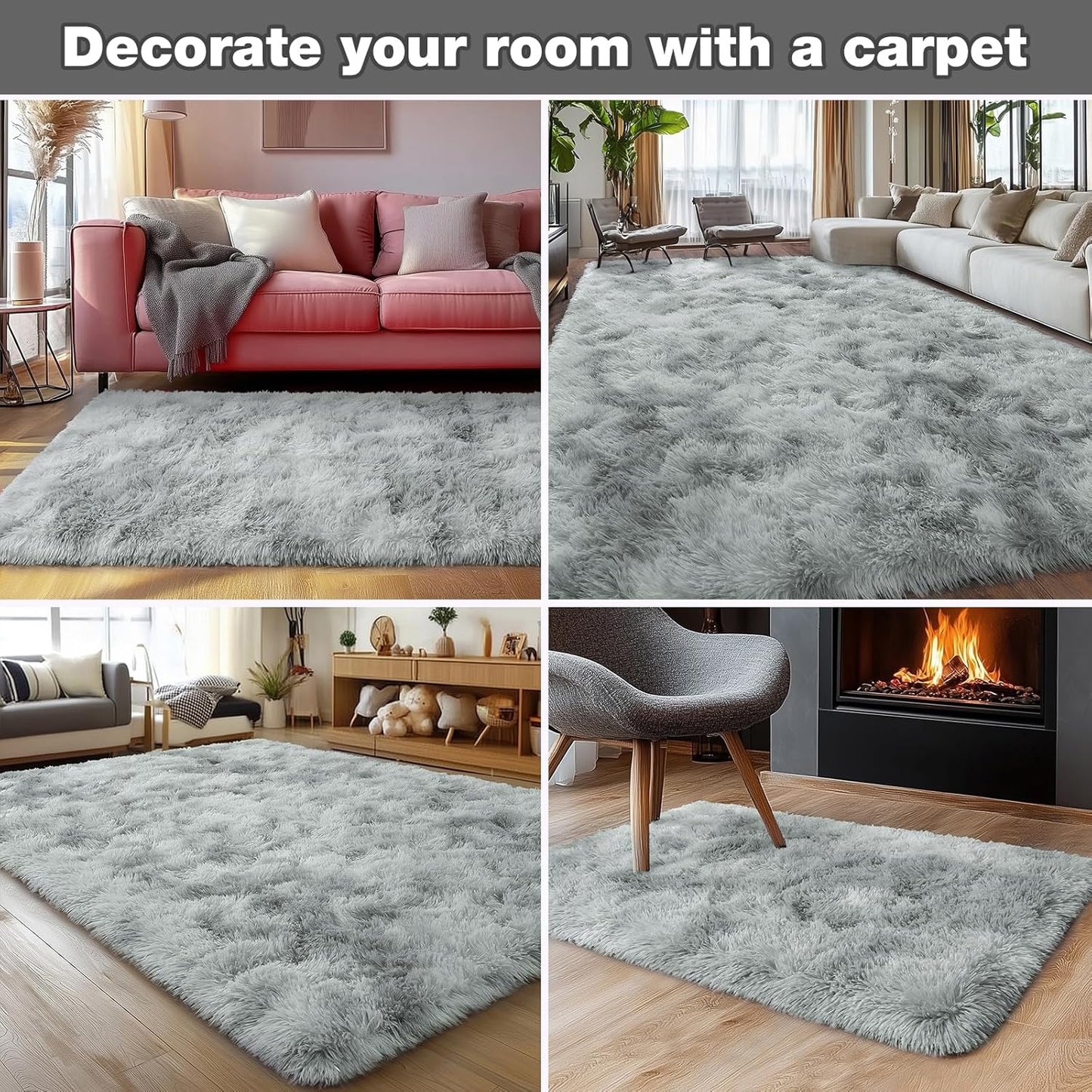 Rezutan Rugs for Living Room, Area Rug 6x9 Fluffy Rug Carpet, Soft Shaggy Modern Floor for Kids Boys Girls Bedroom, Plush Fuzzy Dorm Rug,(Grey Tie-Dyed,6ft x 9ft)