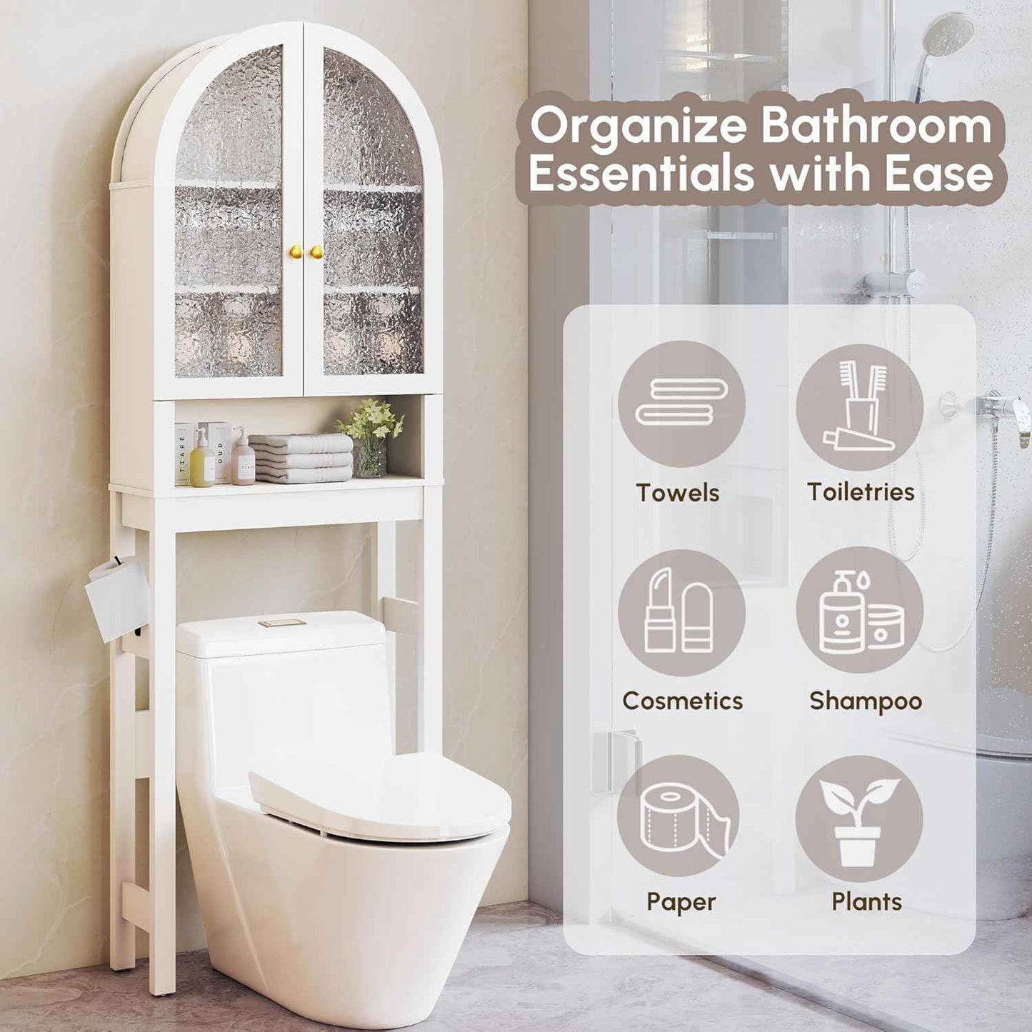 HMstone Over The Toilet Storage Cabinet, Arched Bathroom Organizer and Storage with Acrylic Doors and Adjustable Shelf, Space-Saving Freestanding Bathroom Modern Storage Cabinet Over Toilet