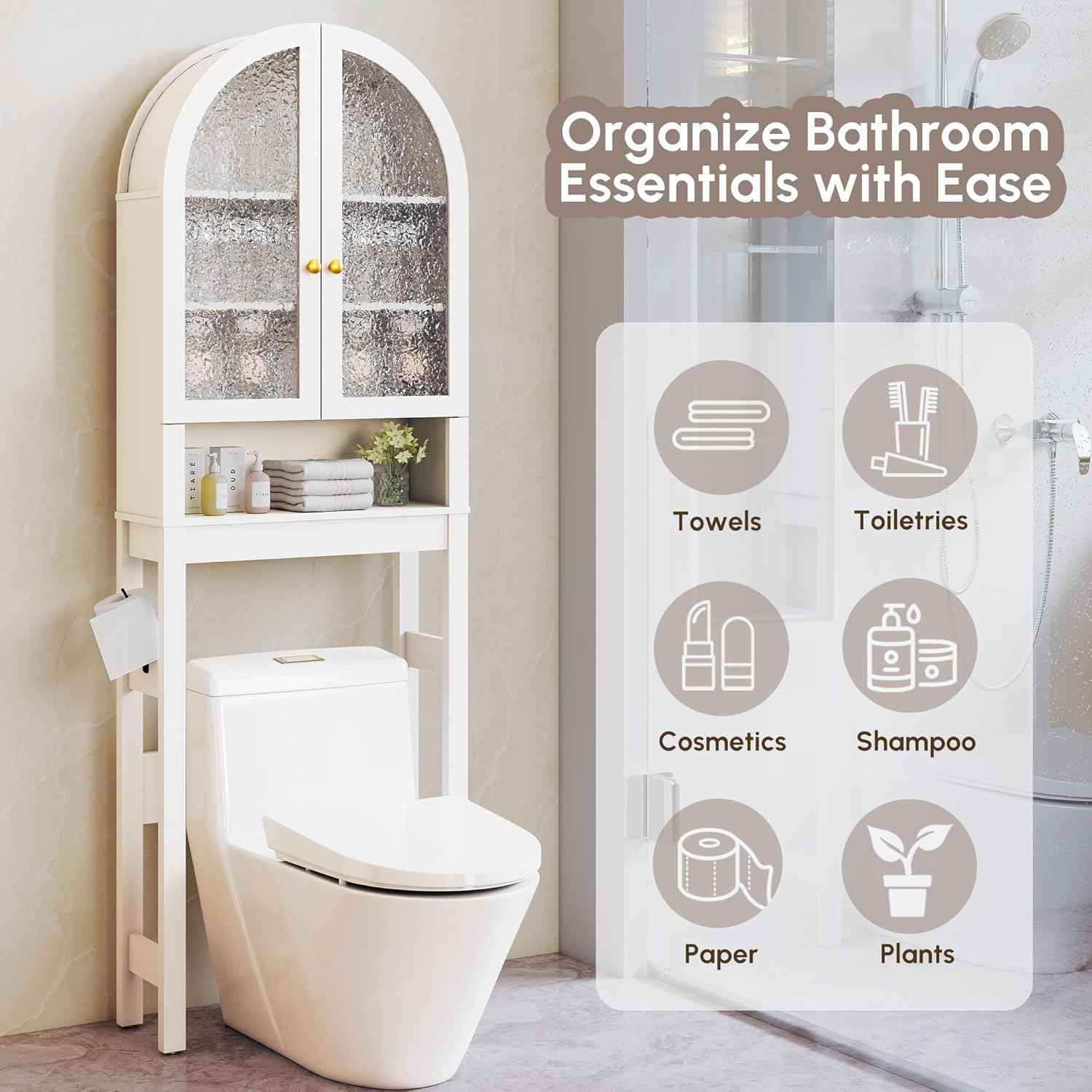 HMstone Over The Toilet Storage Cabinet, Arched Bathroom Organizer and Storage with Acrylic Doors and Adjustable Shelf, Space-Saving Freestanding Bathroom Modern Storage Cabinet Over Toilet