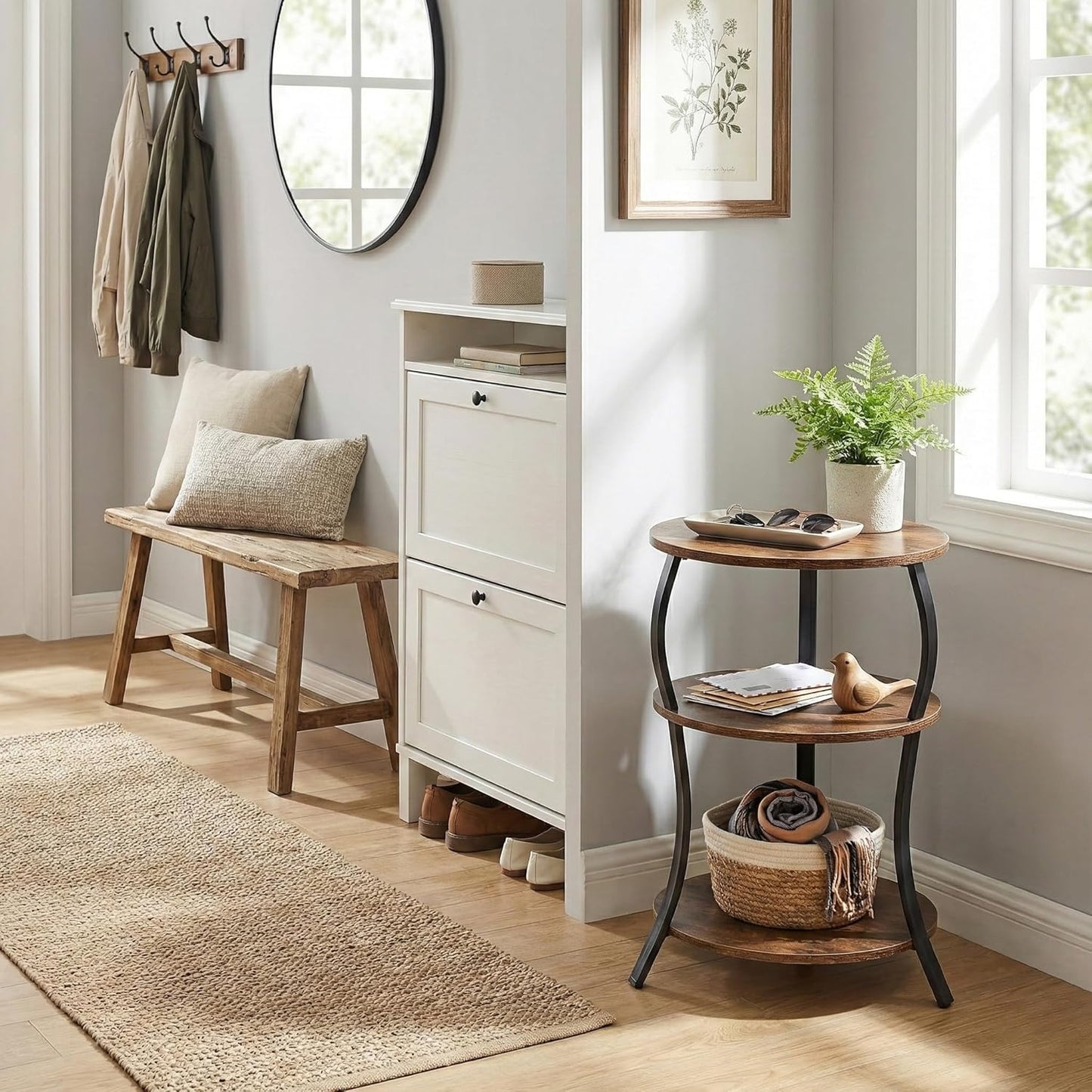 Round Side Table, 3-Tier End Table with Storage Shelf for Narrow and Small Spaces, Round Sofa Table Vintage Corner Tables for Living Room,Bedroom Nightstand/Rustic Brown