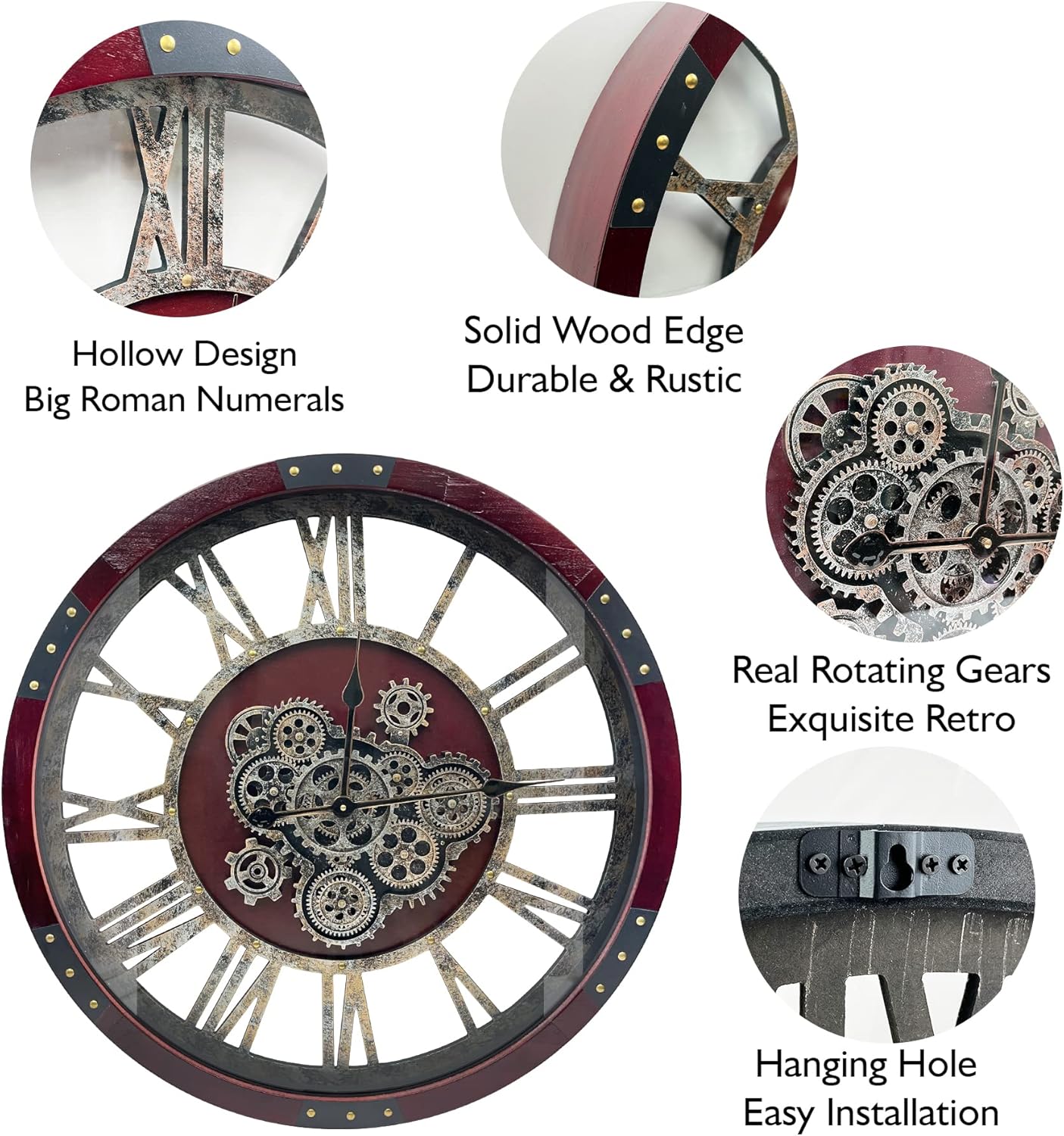 DORBOKER 24" Original Moving Gears Wall Clock, Large Industrial Wall Clock for Living Room Decor, Oversized Wood Vintage Farmhouse Steampunk Rustic Clocks for Wall Christmas Decor,Cherry Red