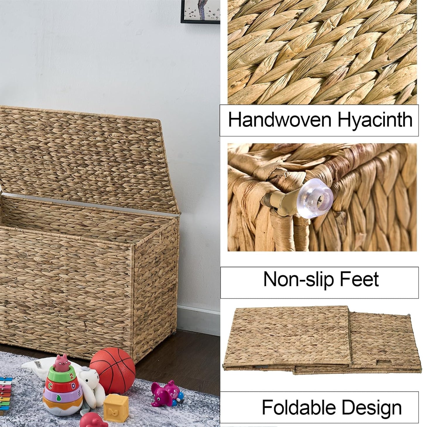 Water Hyacinth Storage Basket with Lid, 27.7 Gallon (105L) Blanket Storage Basket with Handles, Woven Storage Bin, Foldable, Metal Frame, for Bedroom, Laundry Room, Natural