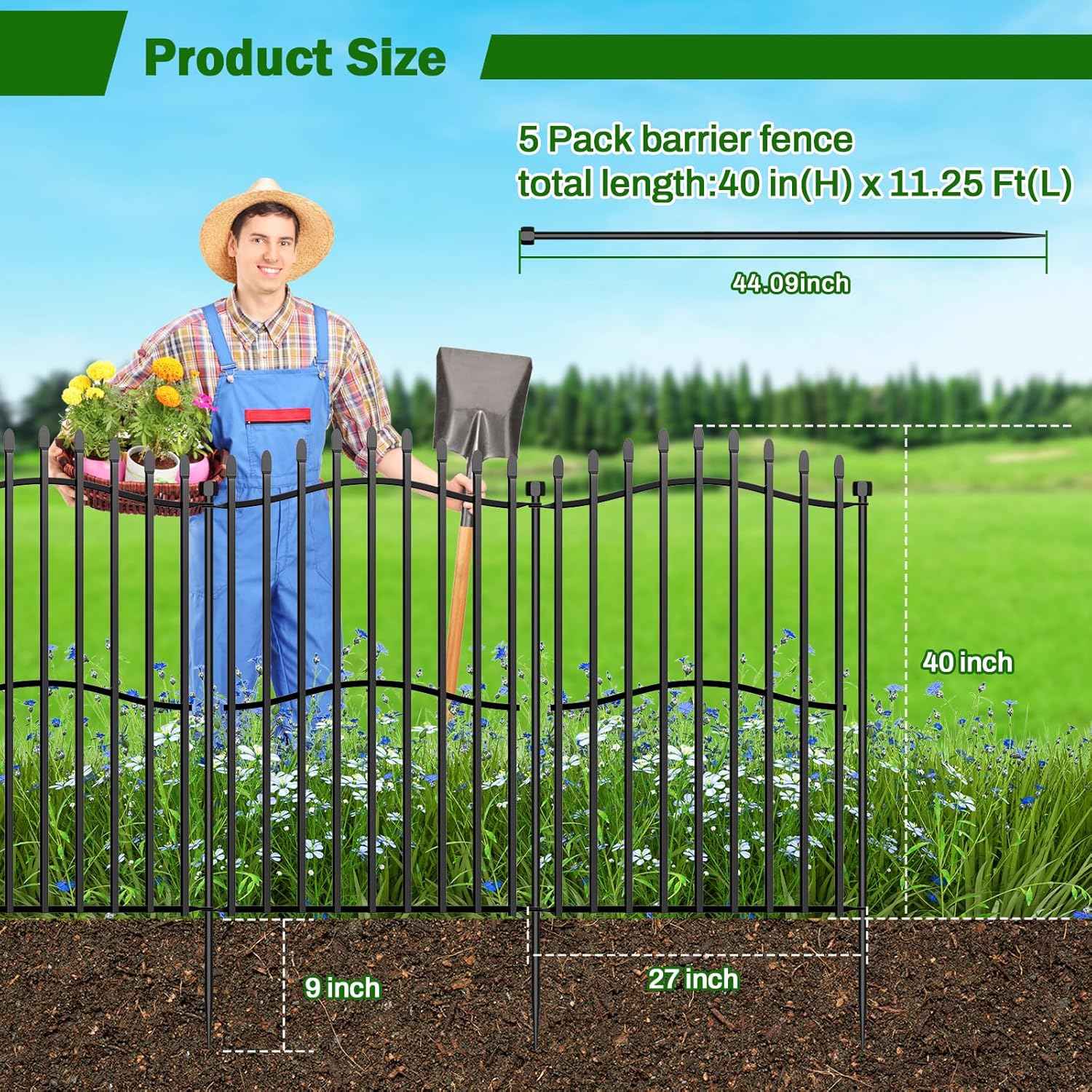 Tall No Dig Decorative Garden Fence with Gate - 5 Panels 40in H x 11.25ft L, Heavy-Duty Square Tube Animal Barrier, Rustproof Outdoor Dog Fence for Yard & Patio