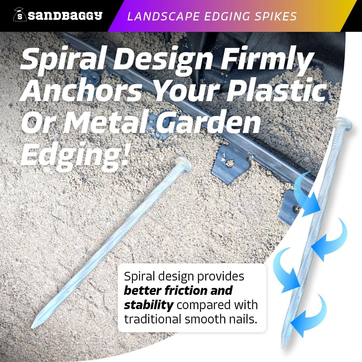 Sandbaggy 6 inch Galvanized Landscape Edging Spikes - Spiral Landscape Nails - 7 Gauge Steel - Great for Hard Rocky Soil - Also Great for Paver Edging, Artificial Turf, Landscape Fabric (400, 6 inch)