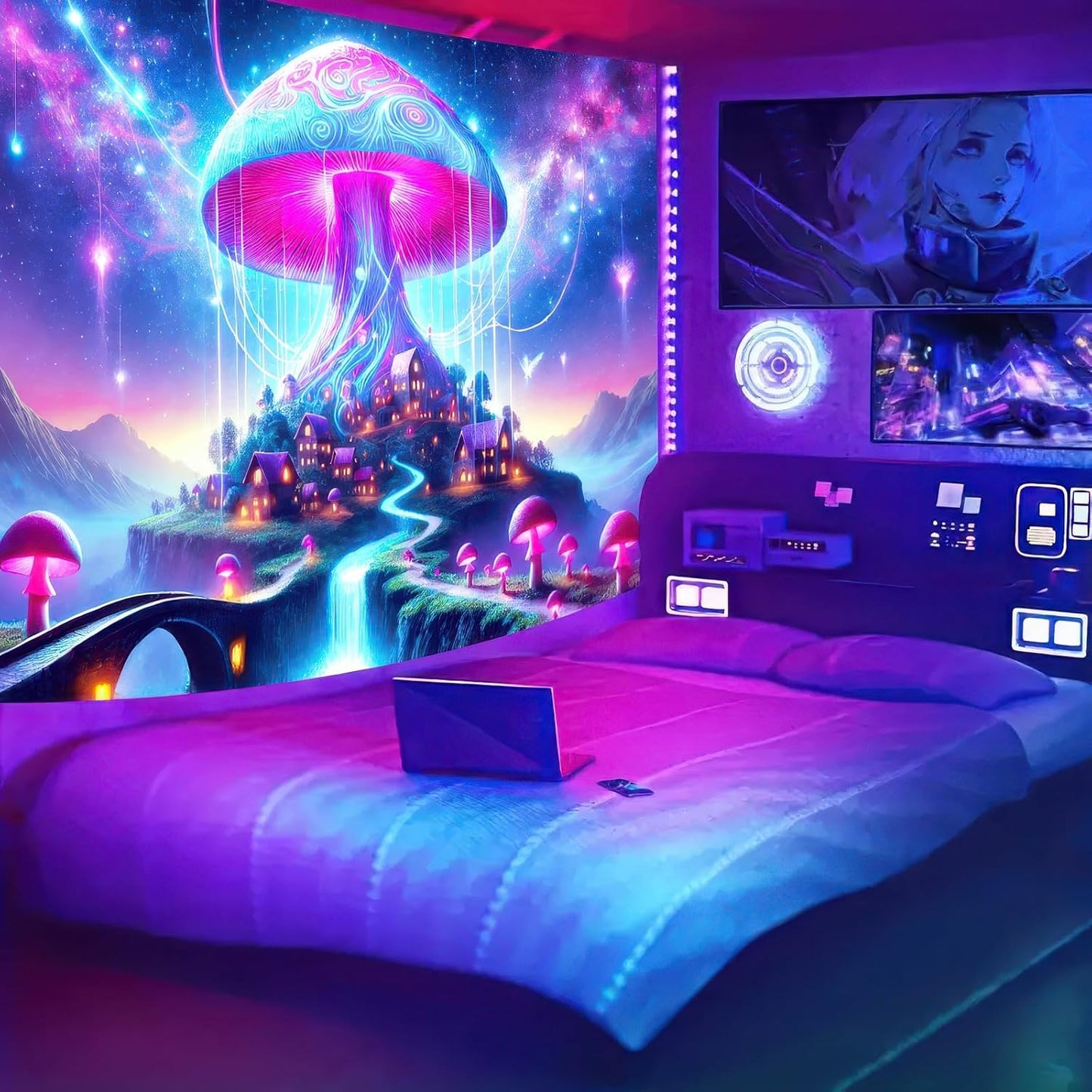 BlissYard Blacklight Tapestry Uv Reactive Tapestry Glow In The Dark Tapestry 78x59 Inches Enchanted Mushroom Village Fluorescent Wall Hanging with Glowing Mushrooms Fantasy Landscape and Cosmic Lights