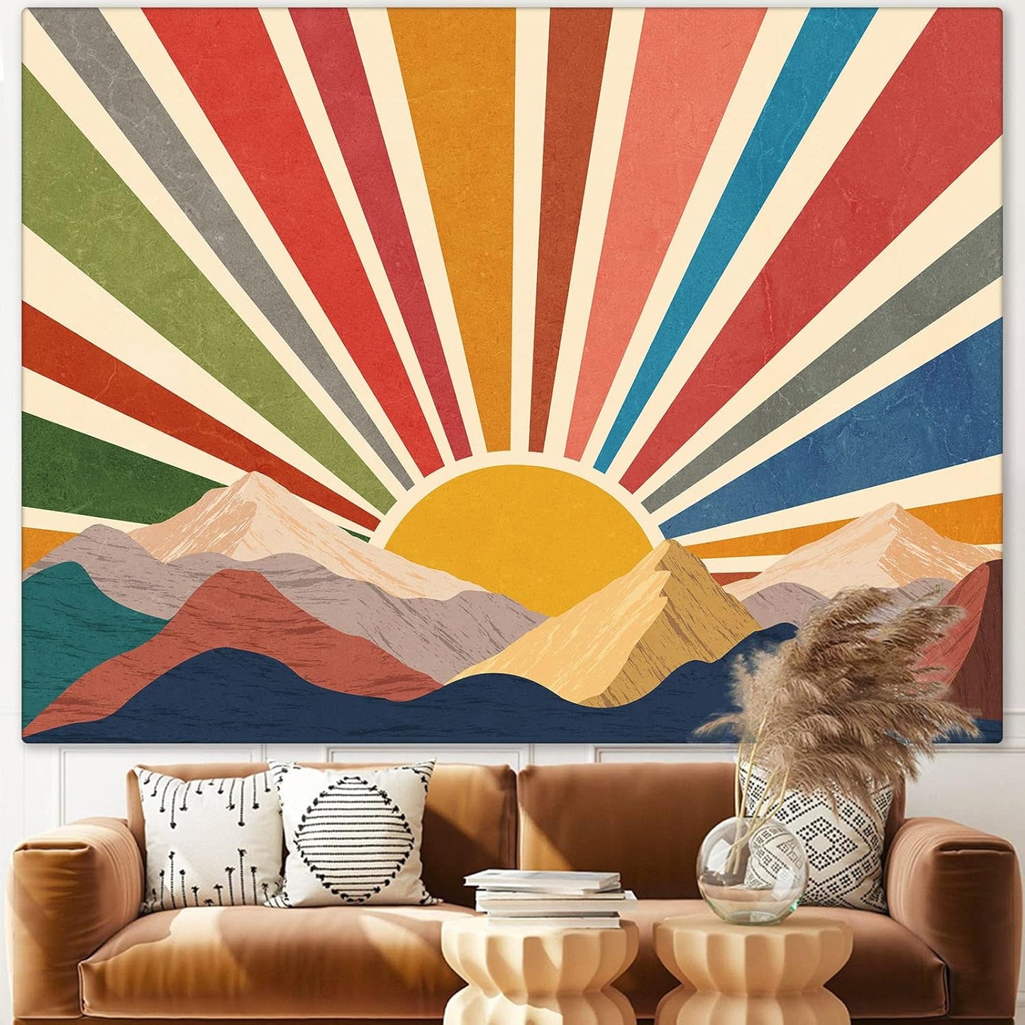 Aipon Sun Tapestry Boho Mountain Abstract Wall Hanging Tapestries Small Sunrise Sunset Western Retro Tapestrys Hippie Aesthetic Vintage Geometric Rainbow Tapastry's Indie Living Room Dorm (Yellow,