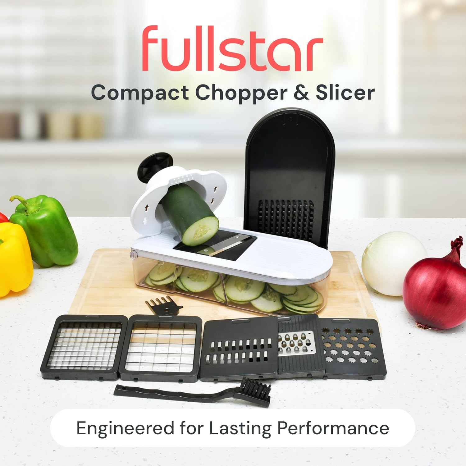 Fullstar Mandoline Slicer for Kitchen - Vegetable Chopper, Onion Potato Food Veggie Fruit Slicer and Cutter with Container, Kitchen Gadgets & Gifts, Home Essentials (6-in-1, White/Black)