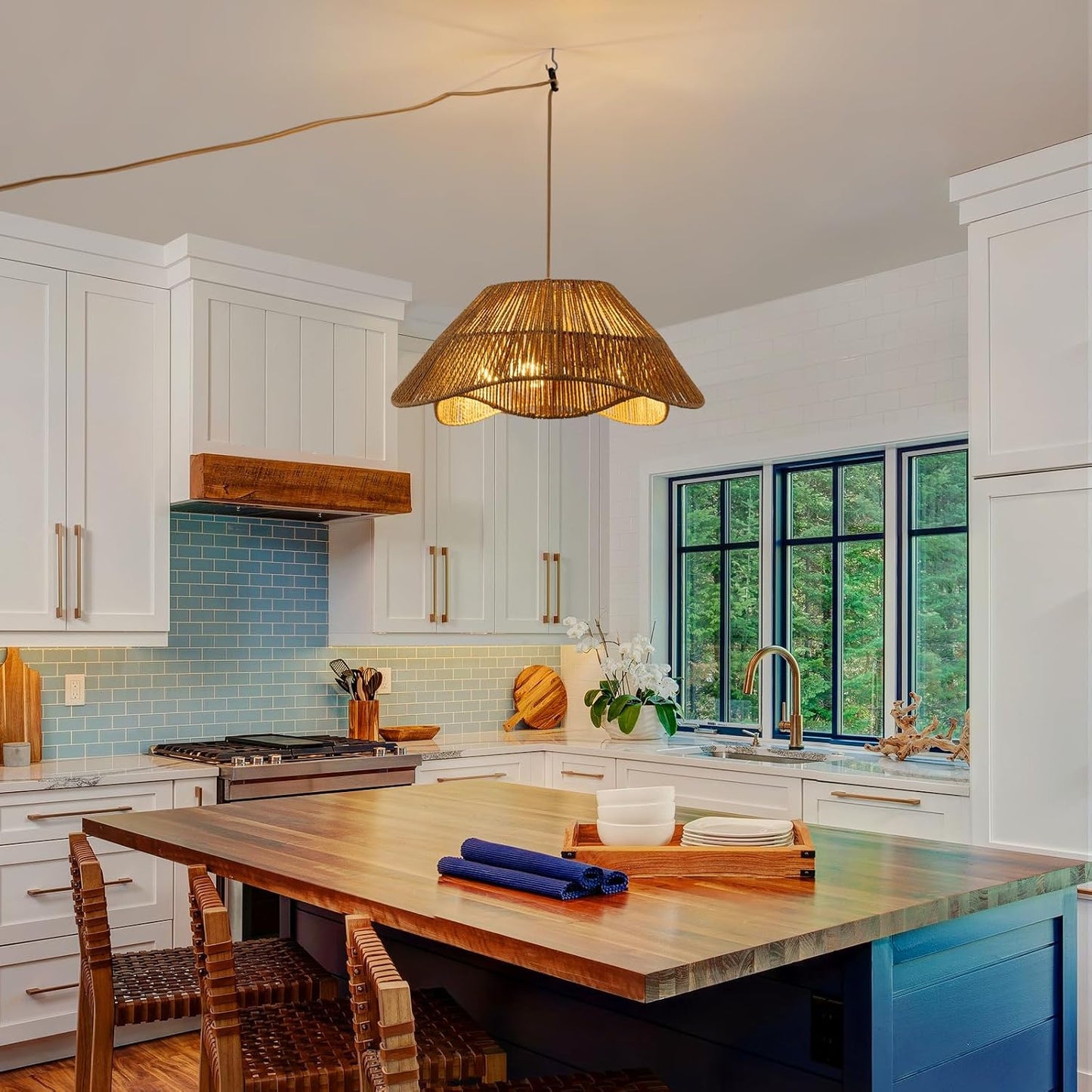 19.68" Plug in Pendant Light, 3-Light Rattan Hanging Lights with Plug in Cord, Boho Plug in Hanging Ceiling Light Fixture with Dimmable Switch, Hand Woven Wicker Hanging Lamp for Dining Room