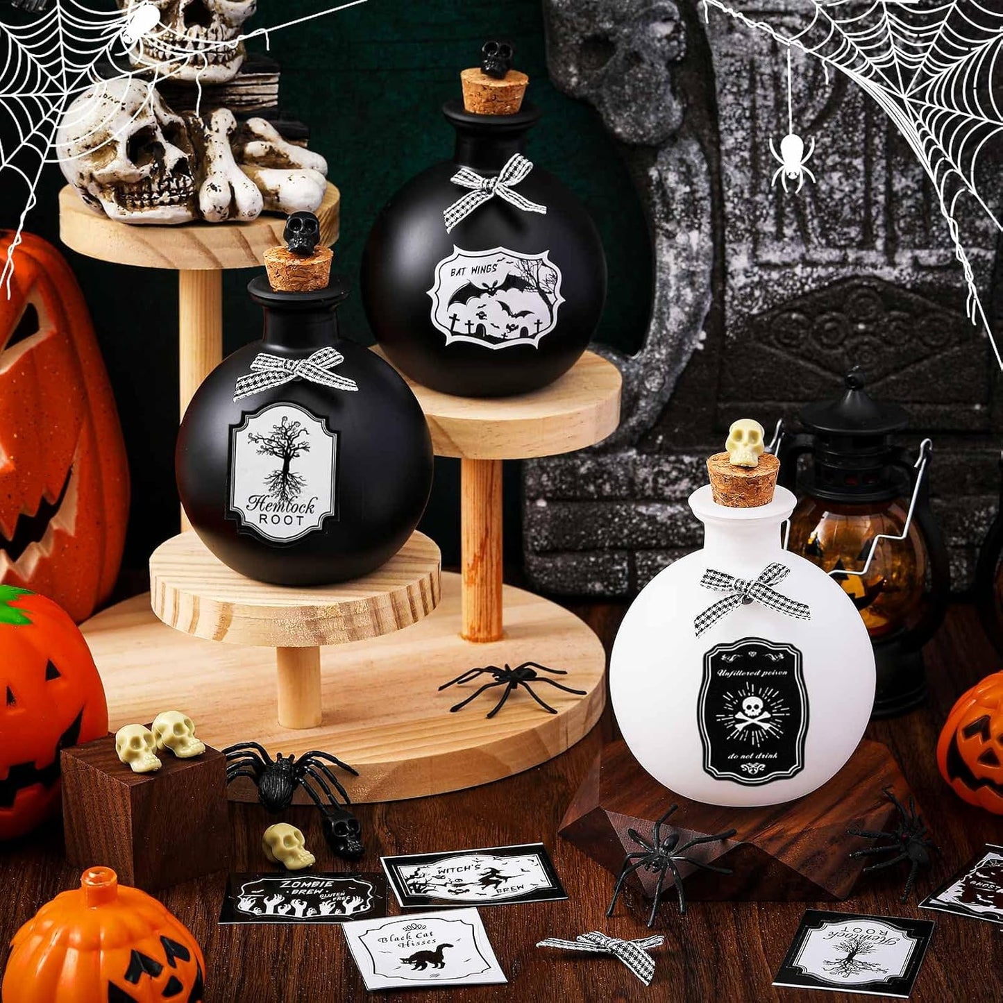 Tessco for you 3 Set Halloween Potion Bottles with Cork - Spherical Apothecary Glass Jars, 20 Gothic Labels(Ghost/Bat/Witch), Tiered Tray Decoration for Farmhouse Table, Home Indoor Halloween