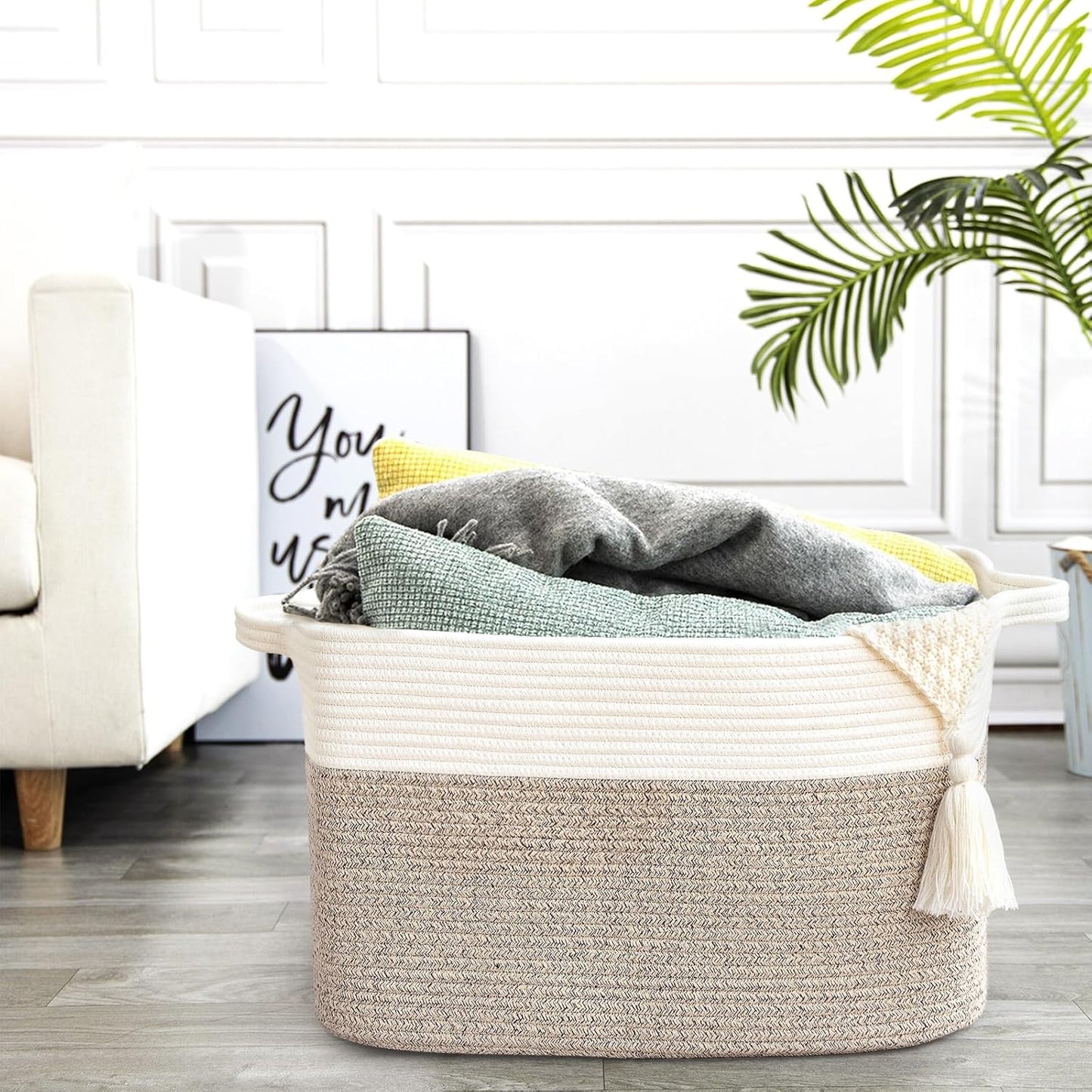 Large Blanket Basket, 60L Storage Baskets for Organizing, Woven Laundry Basket for Blankets, Cotton rope Blanket Storage for Living Room, Nursery Room, 19.7" L x 15.74" W x 11.8" H, Brown