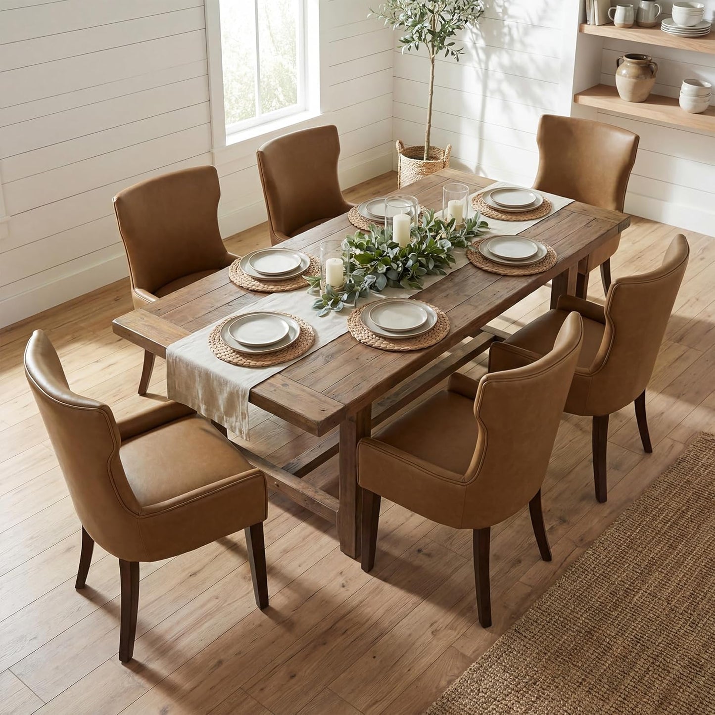 Modern Dining Chairs Set of 4, Faux Leather Kitchen Chairs with Wood Legs, Upholstered Curved Back Side Accent Chair for Kitchen/Dining Room, Brown PU