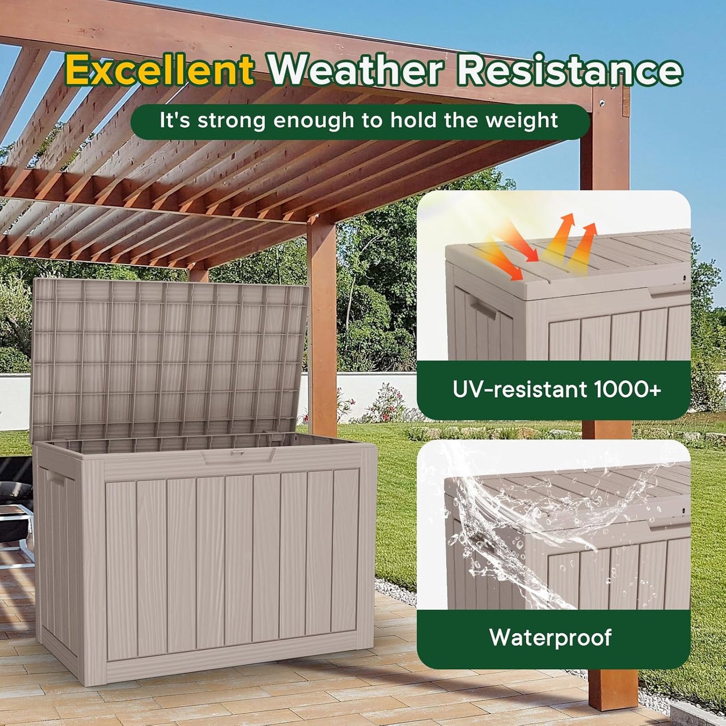 DRATO 45 Gallon Deck Box, Outdoor Storage Box for Patio Furniture, Patio Cushions, Gardening Tools, Pool Supplies 480lbs Weight Capacity,Waterproof Resin Storage Boxes (Light Brown, 45Gal)