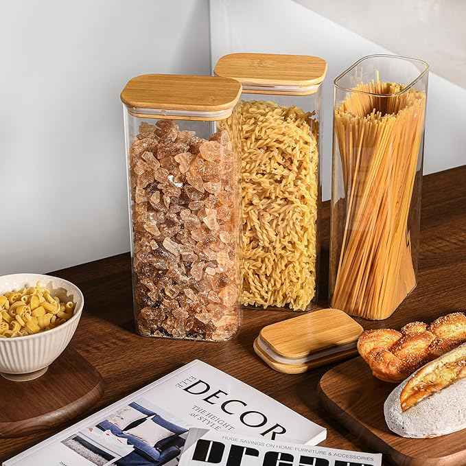 D2scrma 71oz Rectangle Airtight Glass Storage Containers with Bamboo Lids (Set of 3), Square Food Storage Jar, Pantry Organizers for Sugar, Flour, Spaghetti and Coffee beans (‎with Black Lable)