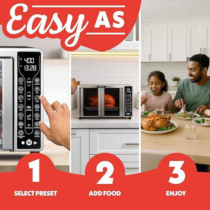 Gourmia French Door Air Fryer – 25 Qt Large Capacity Convection Oven, Fryfroce 360°, Digital Display with 17 Cooking Presets, Bake, Toast, Roast, Dehydrate, Fits 12” Pizza
