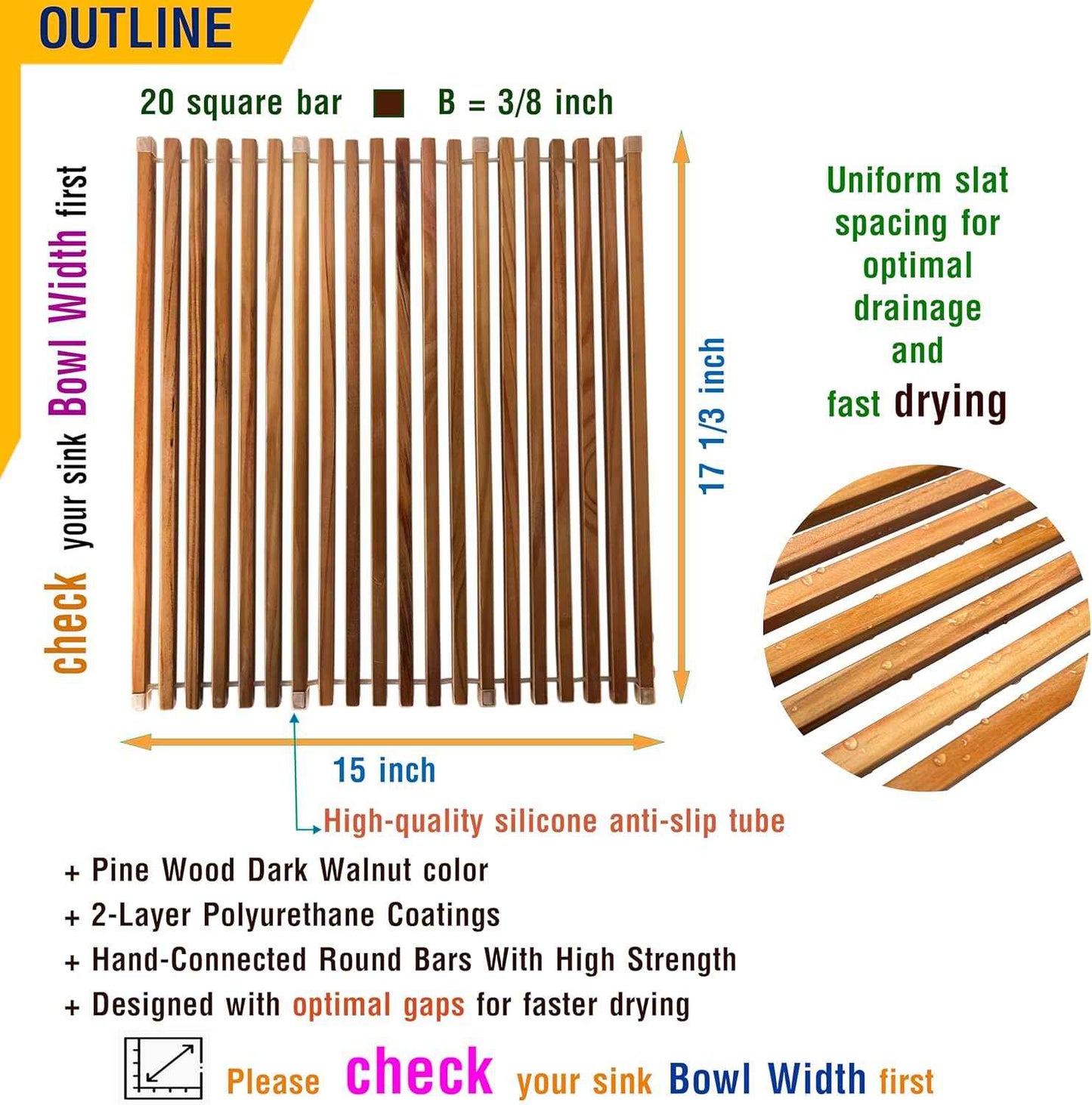 Roll Up Wooden Drying Rack Over The Sink Kitchen, Cover Sink Dry Dishes Bowl Spoon Quickly, Aesthetics and Finishes Coating, Neat Design Stain-Resistant Easy to Dry (Natural Wood color)