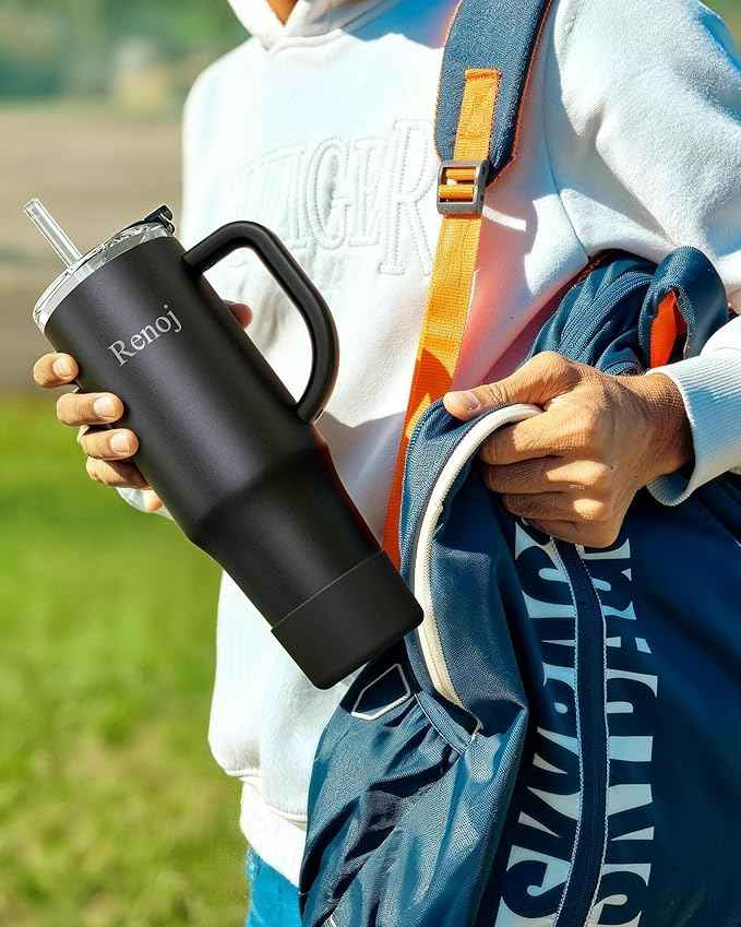 Renoj Insulated Mug 100% Leak Proof Insulated Water Bottle for Iced Coffee & Hot Drinks - Fits Car Cup Holder, Ideal Gift, 2 Straws & Silicone Boot - SnapShift Black 32 oz