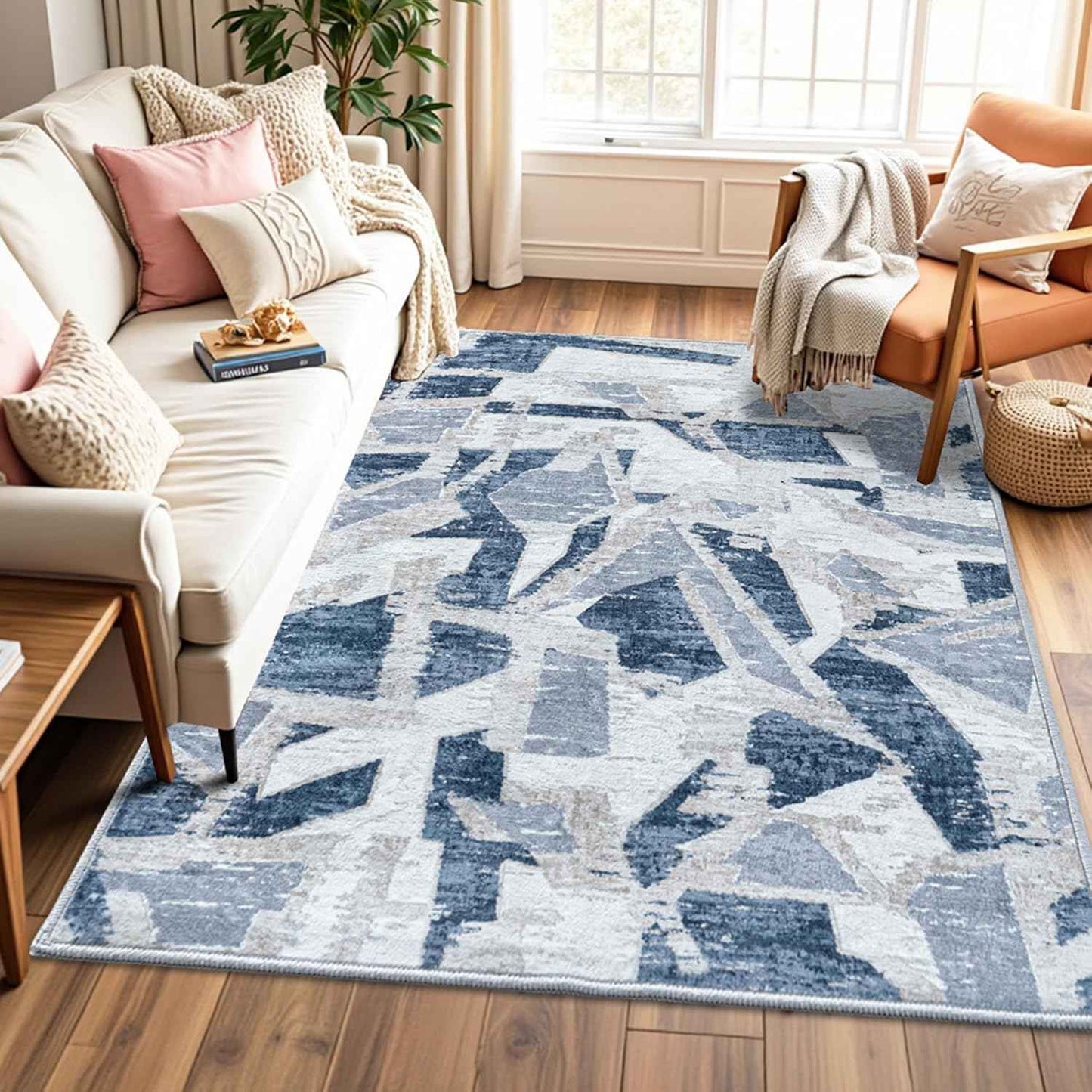 Blue 5X7 Area Rugs for Living Room Bedroom,Modern Abstract Large Carpet Washable Rugs 5X7 for Dining Room Office,Non Slip Print Faux Wool Thin 5 by 7 Indoor Nursery Kids Home Pet & Child Friendly