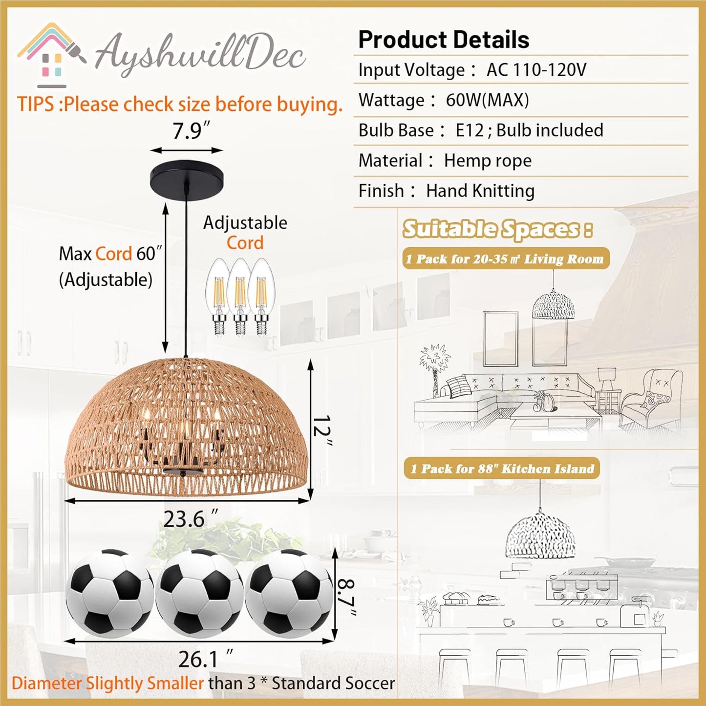 24" Brown Woven Pendant Light Boho Chandelier Dome Rustic Farmhouse Chandelier Wicker Pendant Light Rattan Light Fixture for Dining Room Living Room Bedroom Kitchen Island Foyer(Bulb Incl)