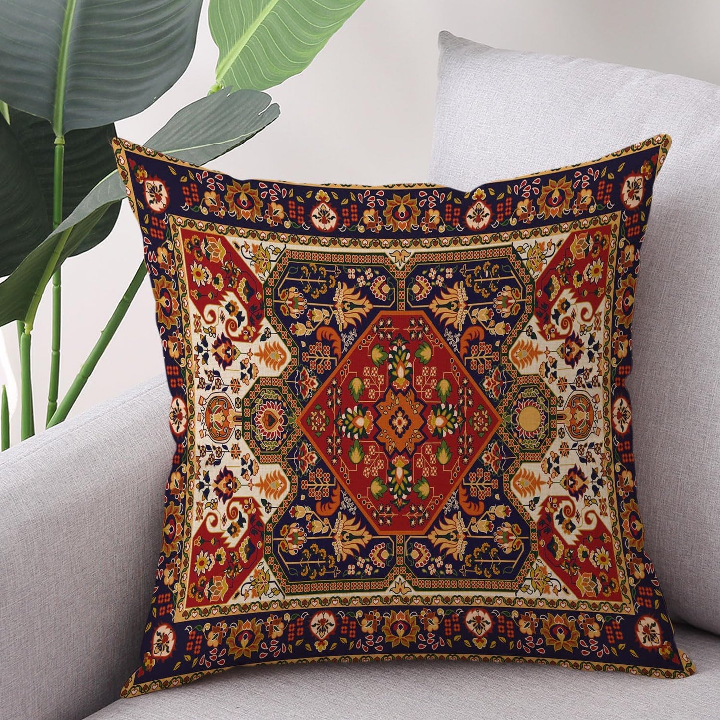 Outdoor Waterproof Pillow Covers 18X18 Inch Set of 2 Tribal Abstract Red and Yellow Vintage Carpet Pattern Decorative Farmhouse Pillow Covers for Couch Garden Balcony