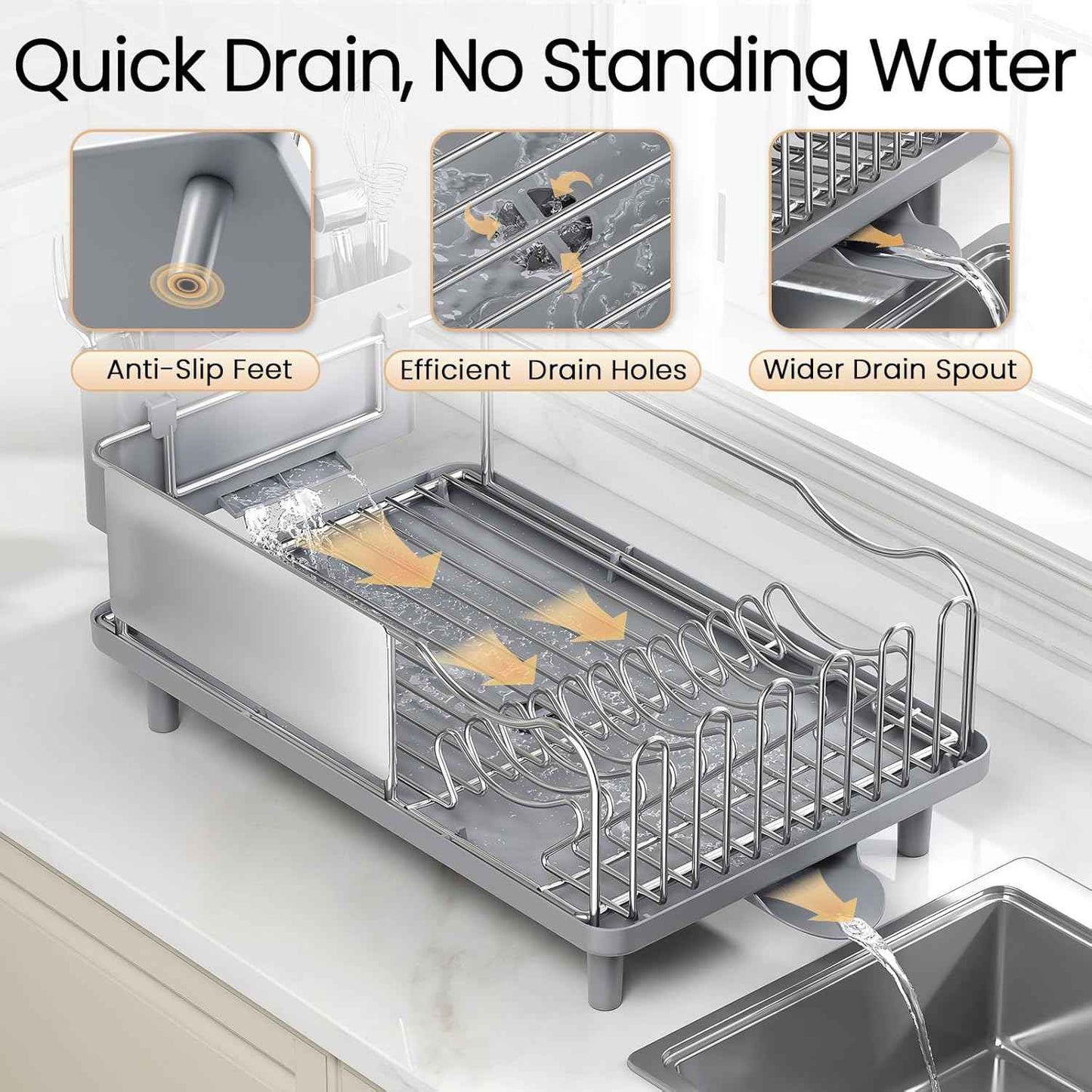 Dish Drying Rack Large Capacity - Stainless Steel Dish Rack for Kitchen Counter with Drain Board, Rustproof Dish Drainer with Auto Drain Spout Utensil Holder Glass Holder, Dinnerware Organizer, Gray