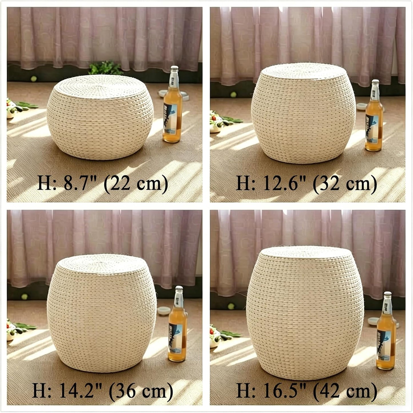 Solid Wood Straw Round Pouf Ottoman, Small Handwoven Boho Extra Seat, Low Tatami Ottoman Footrest for Living Room Bedroom Patio Garden (12.2"x12.2"x8.7")