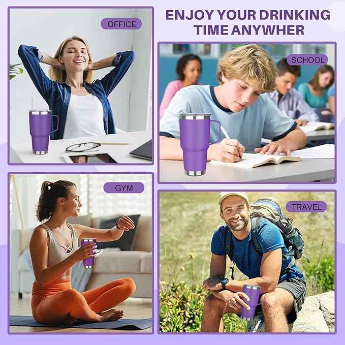 30 oz Stainless Steel Insulated Tumbler with Handle, Lid and Straw, Double Wall Vacuum Insulated Coffee Mug, Insulated Coffee Thermal Cup for Cold and Hot (Purple)