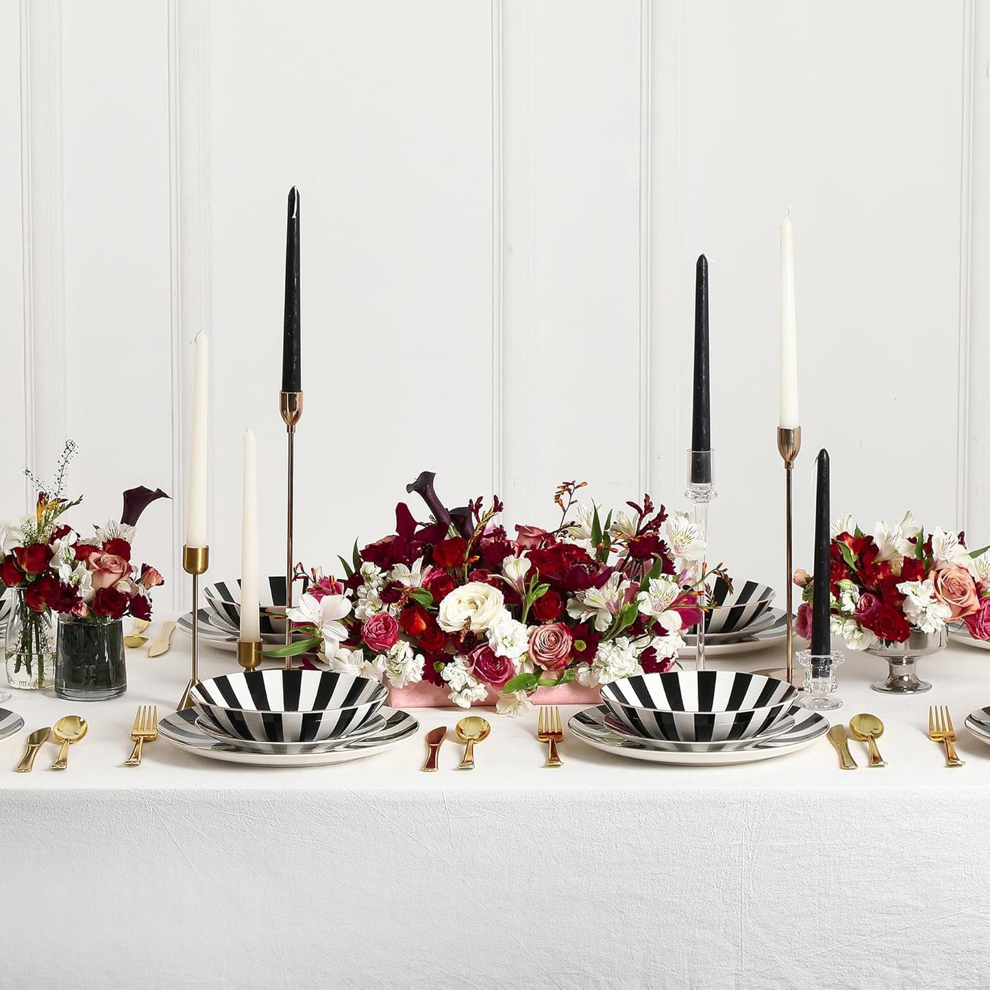 Christian Siriano Empire Porcelain Dinnerware, 12-Piece Plates and Bowls Set, Black and White Dish Set for 4, Gold Trim, Hand Wash Only