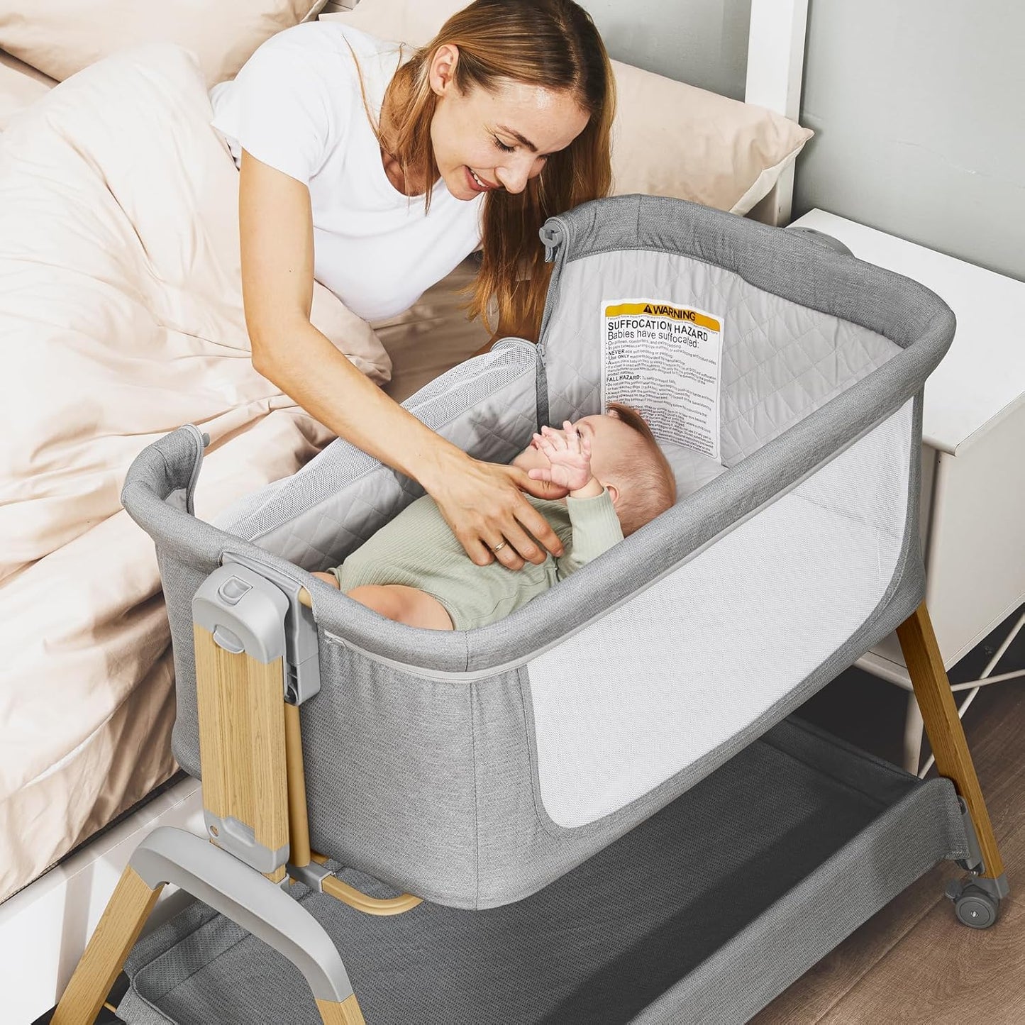 3 in 1 Baby Bassinet, Rocking Bassinets with Comfy Mattress and Wheels, Adjustable Height Bassinet Bedside Sleeper, Easy Folding Portable Crib for Newborn (Grey)
