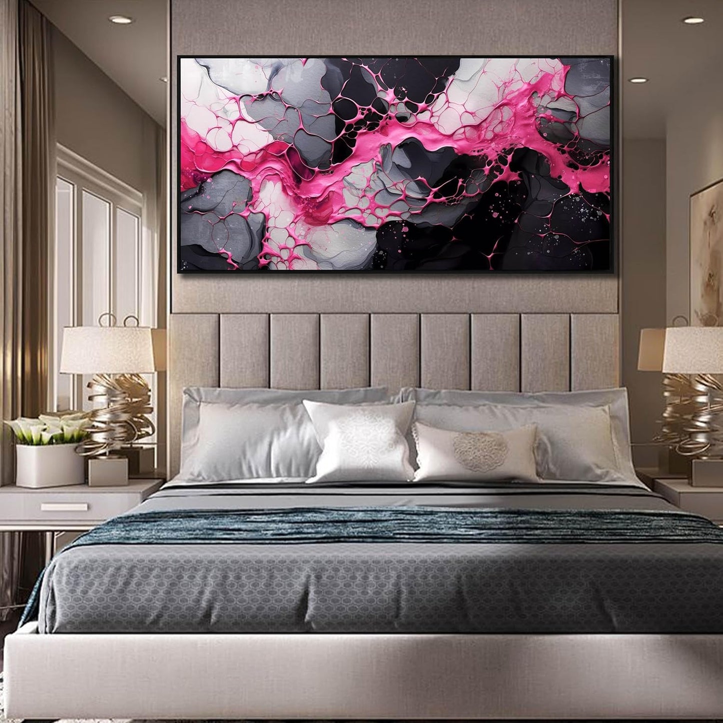Abstract Wall Art for Living Room, Pink Canvas Wall Decor for Bedroom, Framed Picture Print, Large Size 59x29 Inches