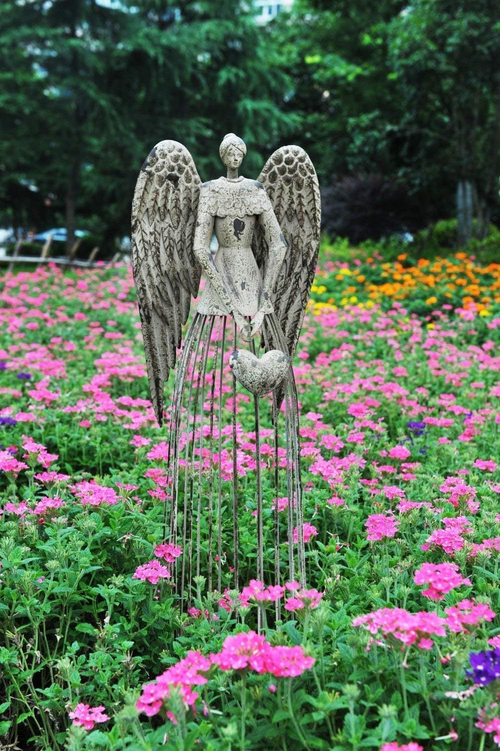 Antiqued Metal Garden Angel Statue with Heart, Indoor Outdoor Angel Yard Art Decor Lawn Patio Decorations Holiday Decor Garden Gift Idea, 32''H (Heart)
