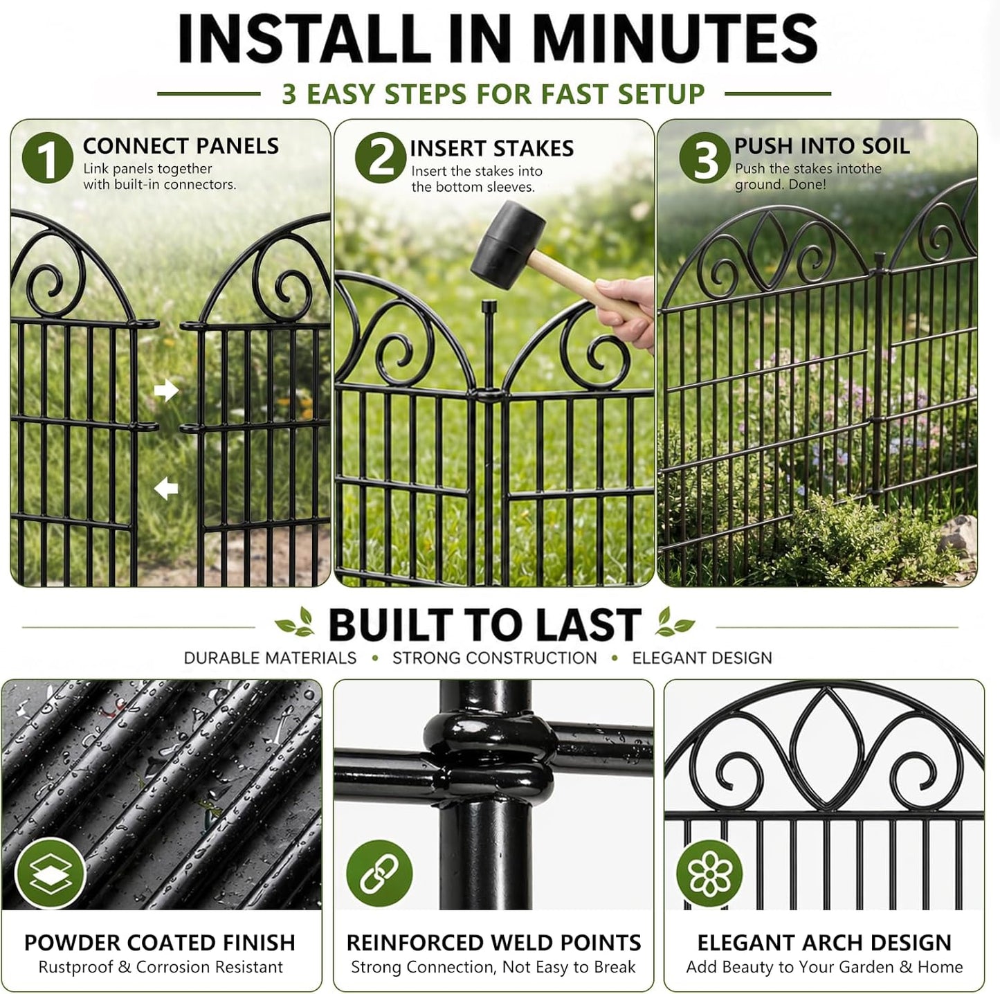 10 Panels No Dig Decorative Garden Fence Panel – 28" H X 19.6' L Rustproof Metal Dog Fence Outdoor for Yard, Animal Barrier Fence for Pet, Garden Border, Patio, Flower Beds| Temporary Fencing