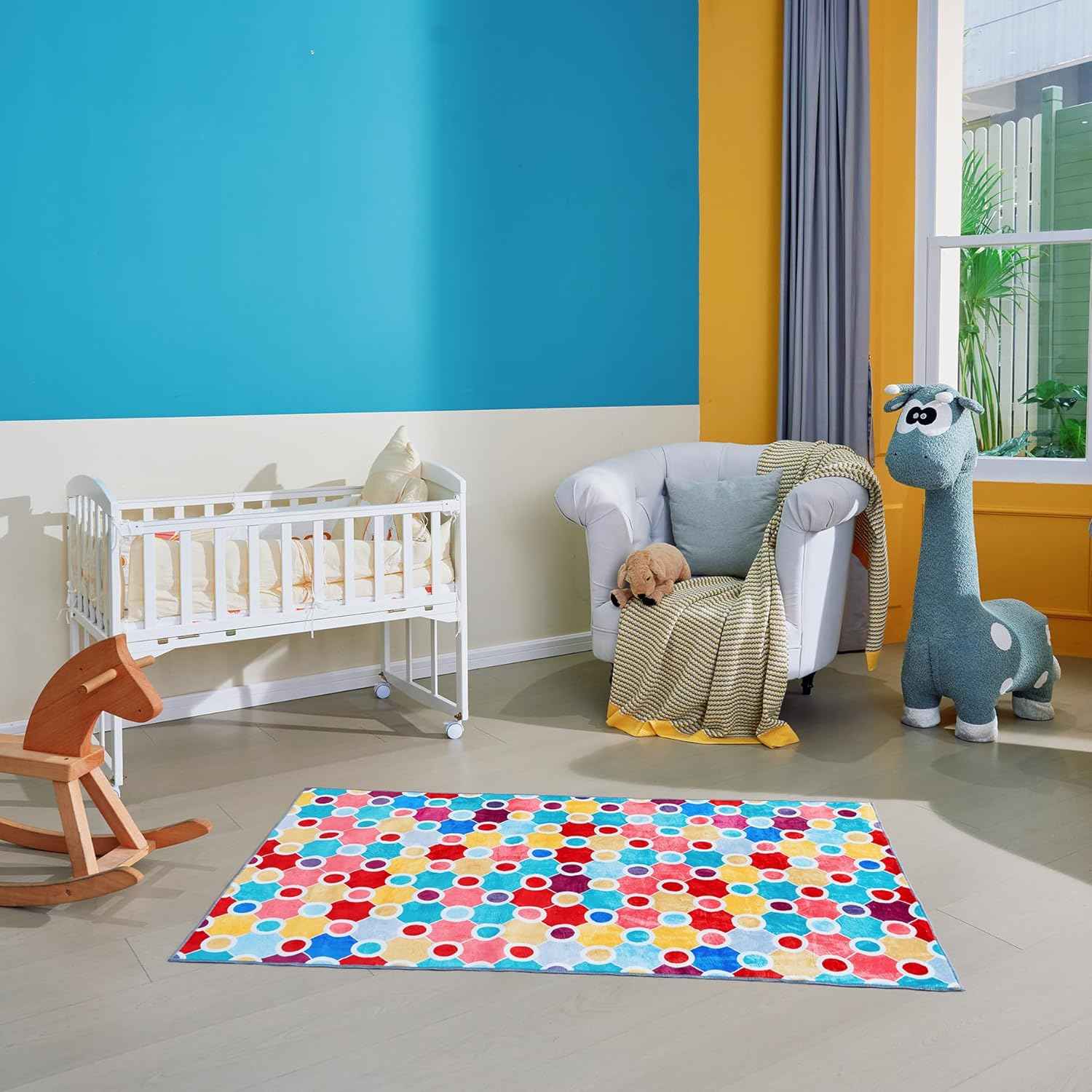 Machine Washable Polka Dot Rug for Kids Area - Multicolor Soft Rug for Nursery/Playroom/Classroom - 6x9