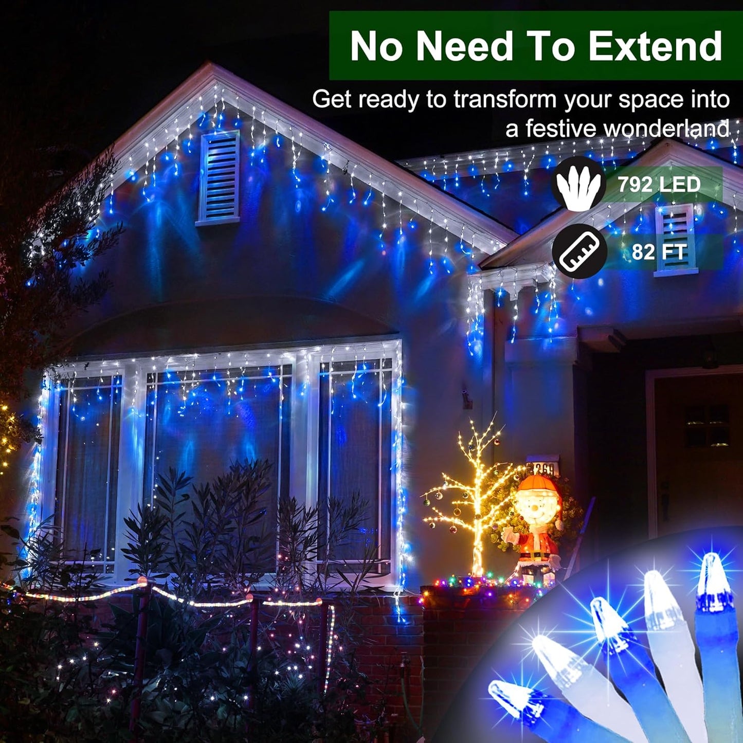 792 LED Icicle Lights, 82ft 8 Modes Fairy Hanging String Lights with Time Waterproof, Plug-in Christmas String Lights for Holiday Wedding Party Decorations, Blue & CoolWhite