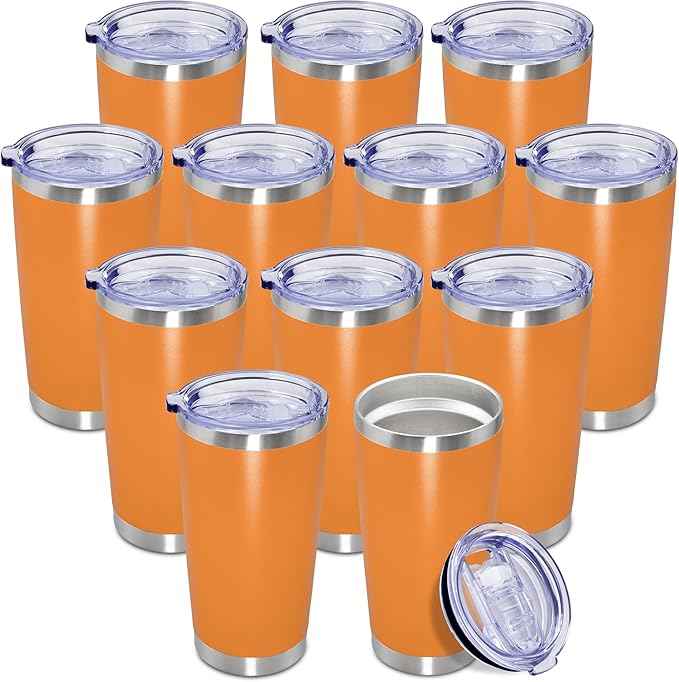 20 oz Tumbler Coffee Travel Tumblers Bulk with Lid Stainless Steel Double Wall Vacuum Insulated Mug Powder Coated Cups fit Car Cupholder for Hot and Cold - Orange, 12Pack