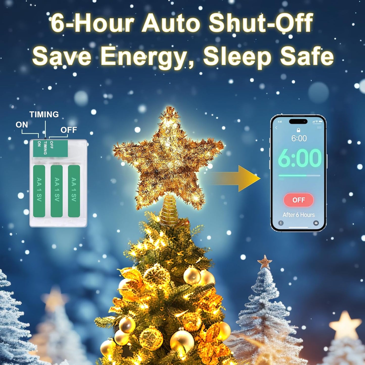 LAWOHO Christmas Tree Topper Star, Vintage Christmas Decor, 10 Inch Shiny Golden Christmas Tree Decoration with 6H Timer, 50 Warm LED Lights for Xmas Tree, Holiday & Party, Indoor Decor