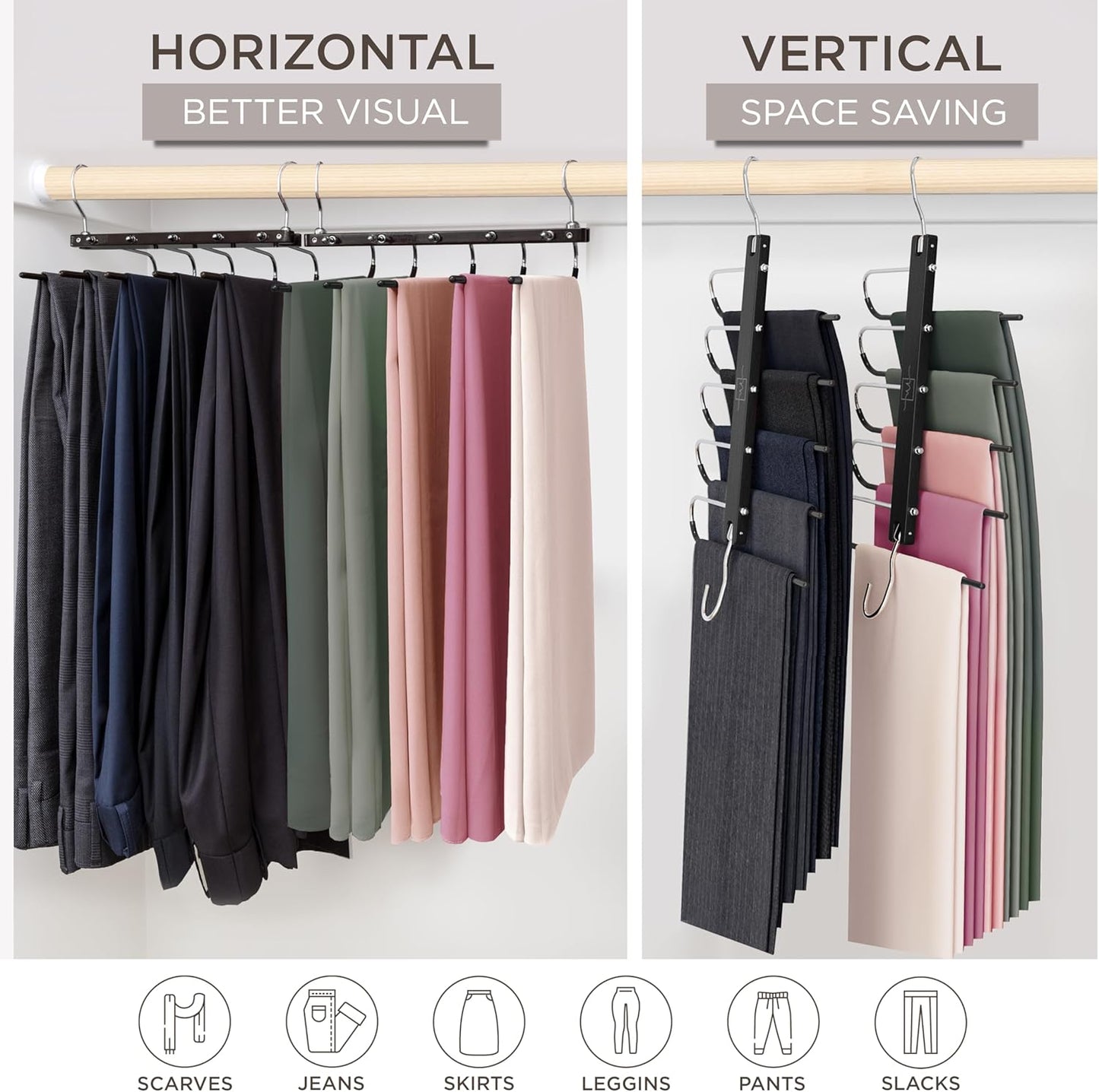 MORALVE Pants Hangers Space Saving - 2 Pack European Beechwood Scarf and Jean Hangers - Closet Organizer and Space Saver Pant Rack, Leggings Hanger, and Scarf Holder with 360° Swivel Hook