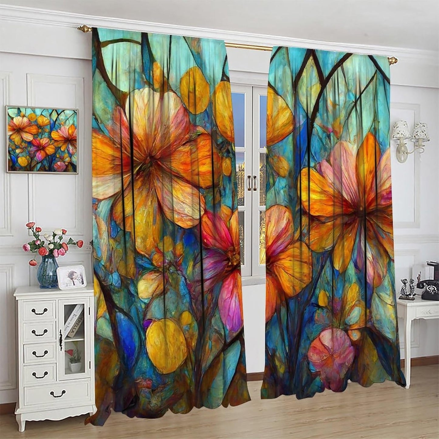 Stained Glass Curtains,Magic Forest Colorful Flowers Abstract Art Home Decor Drapes for Bedroom Living Room Kitchen Window Treatment 2 Panels Set Total Size 52" W X 84" L Inch