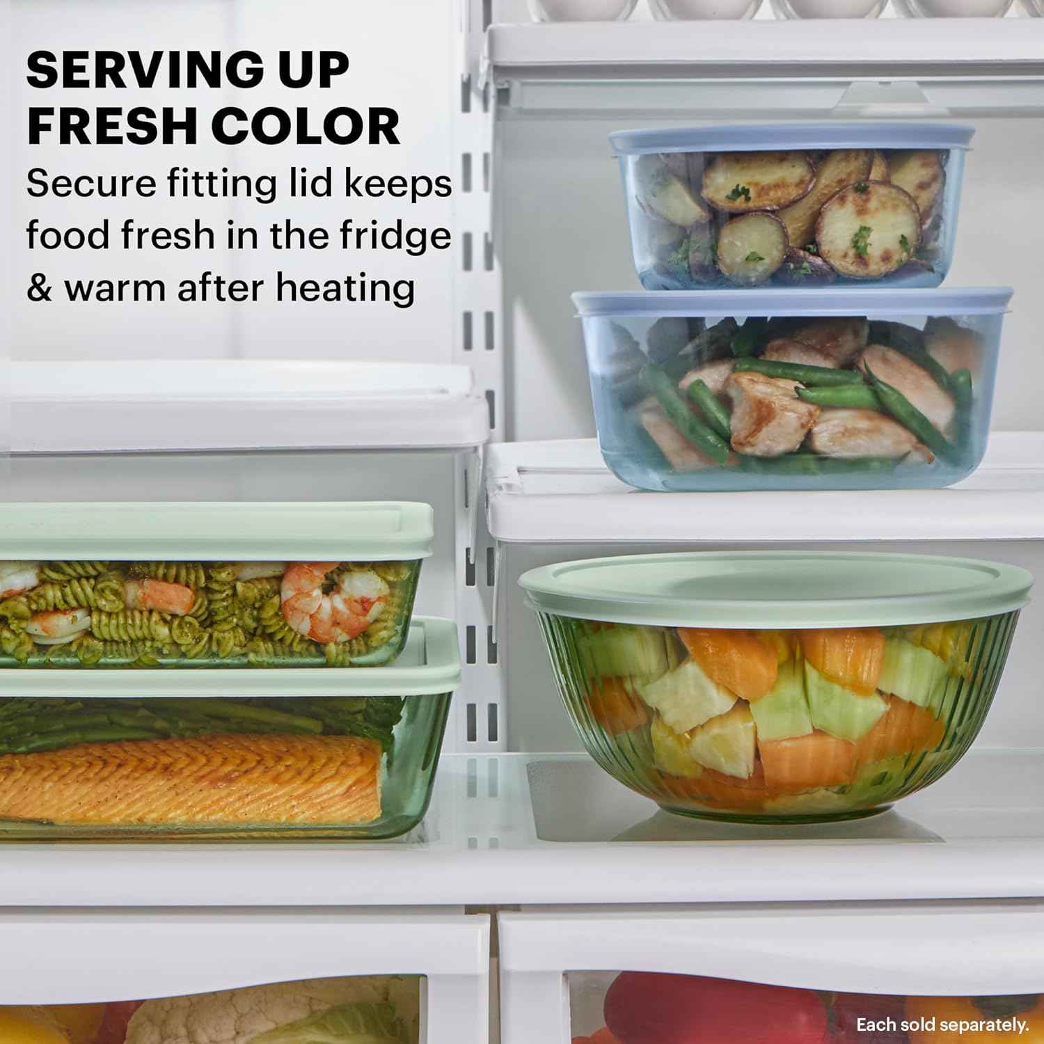 Pyrex Colors Tinted (3-Pack, Full Set) Sculpted Tinted Glass Mixing Bowls With Plastic Lids, Nesting Space Saving Set of Bowls For Prepping and Baking, 1.3QT, 2.3QT & 4.5QT